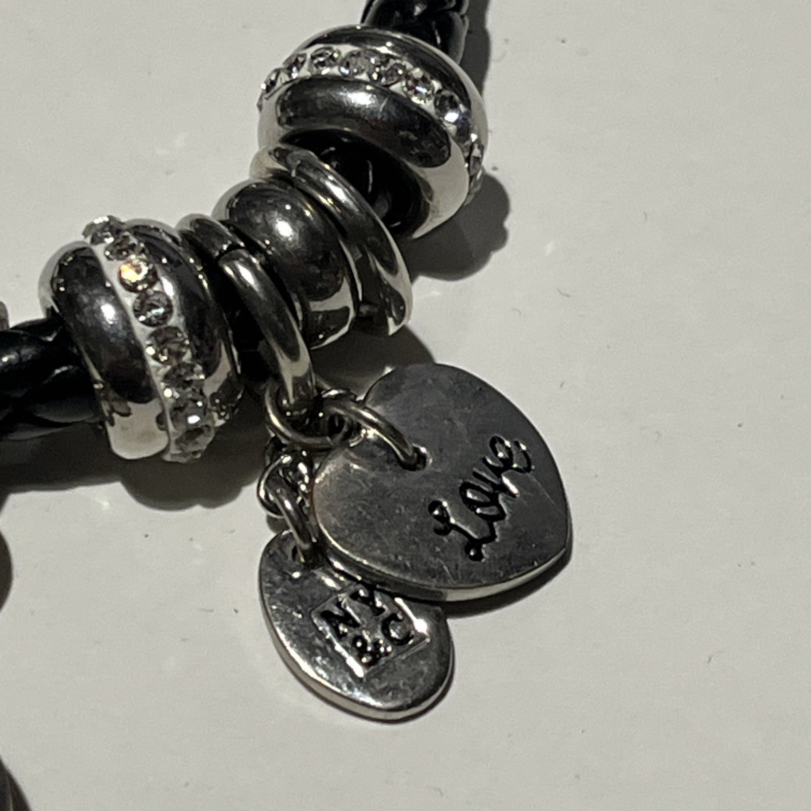 NY&Co Bracelet Watch Women 24mm Round Dial Faux Leather Rhinestone Slide Charm