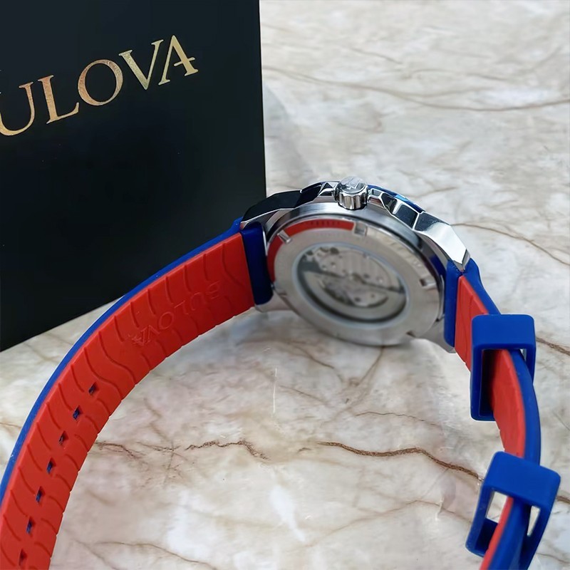 Bulova Marine Star Blue/WhiteDial Red Silicone Men’s Automatic 98A225 Watch 45mm