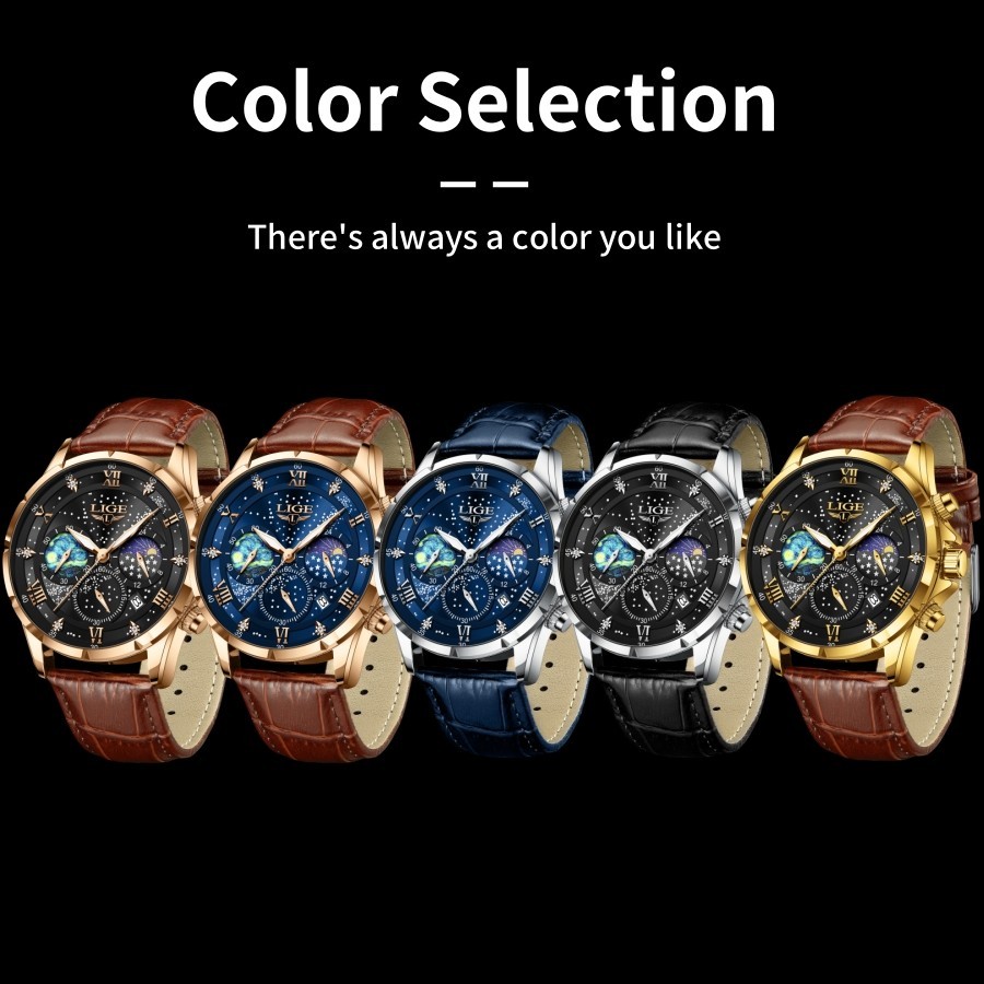 LIGE Luxury Quartz Men’s Watch Leather Moonphase Waterproof Luminous Wristwatch