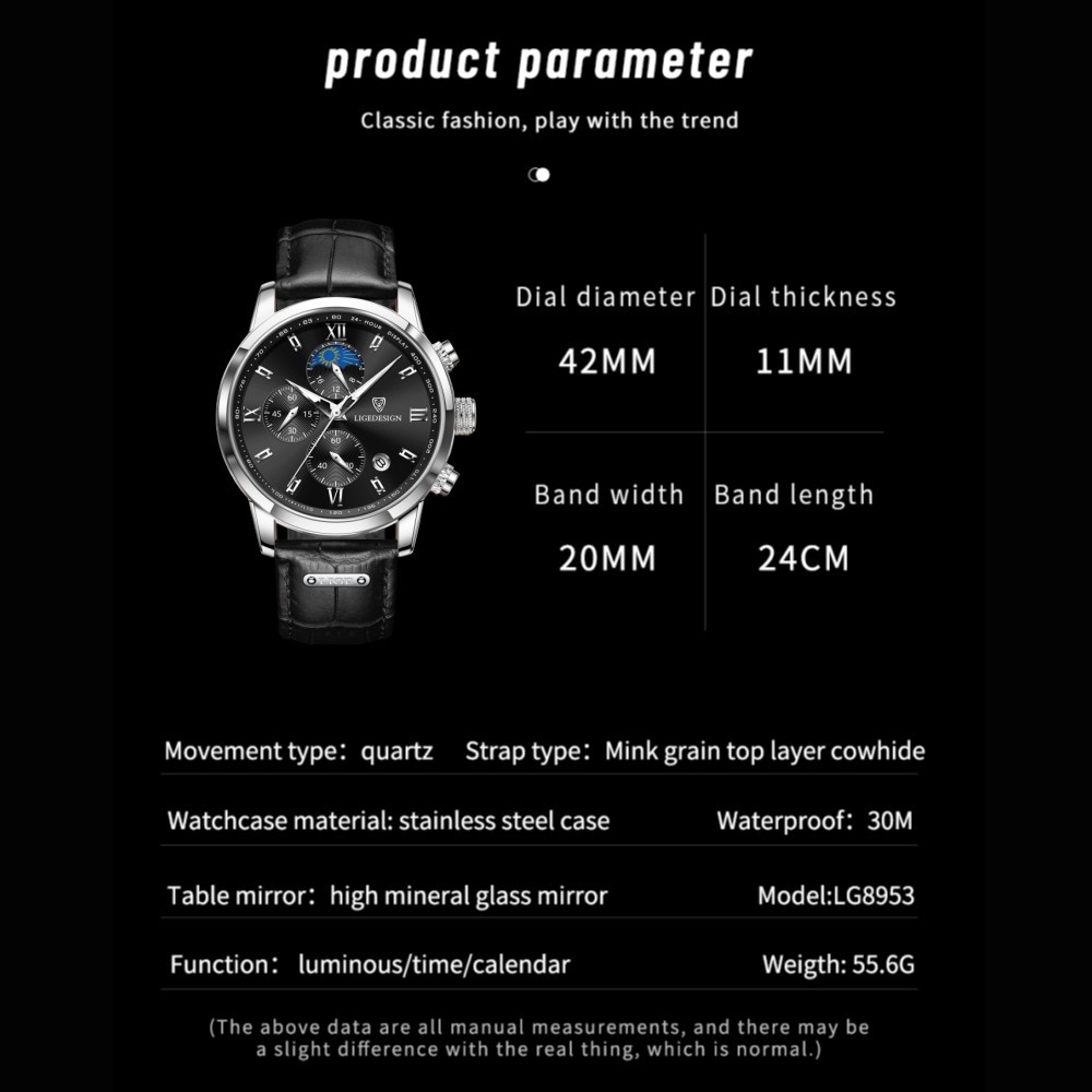 Men’s Watch Quartz Leather Band Luminous Date Chronograph Waterproof Wristwatch