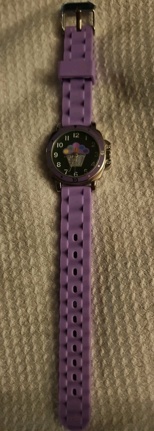 Sophie Purple Cupcake Silver Tone Stainless Steel Back Purple Plastic Band Watch