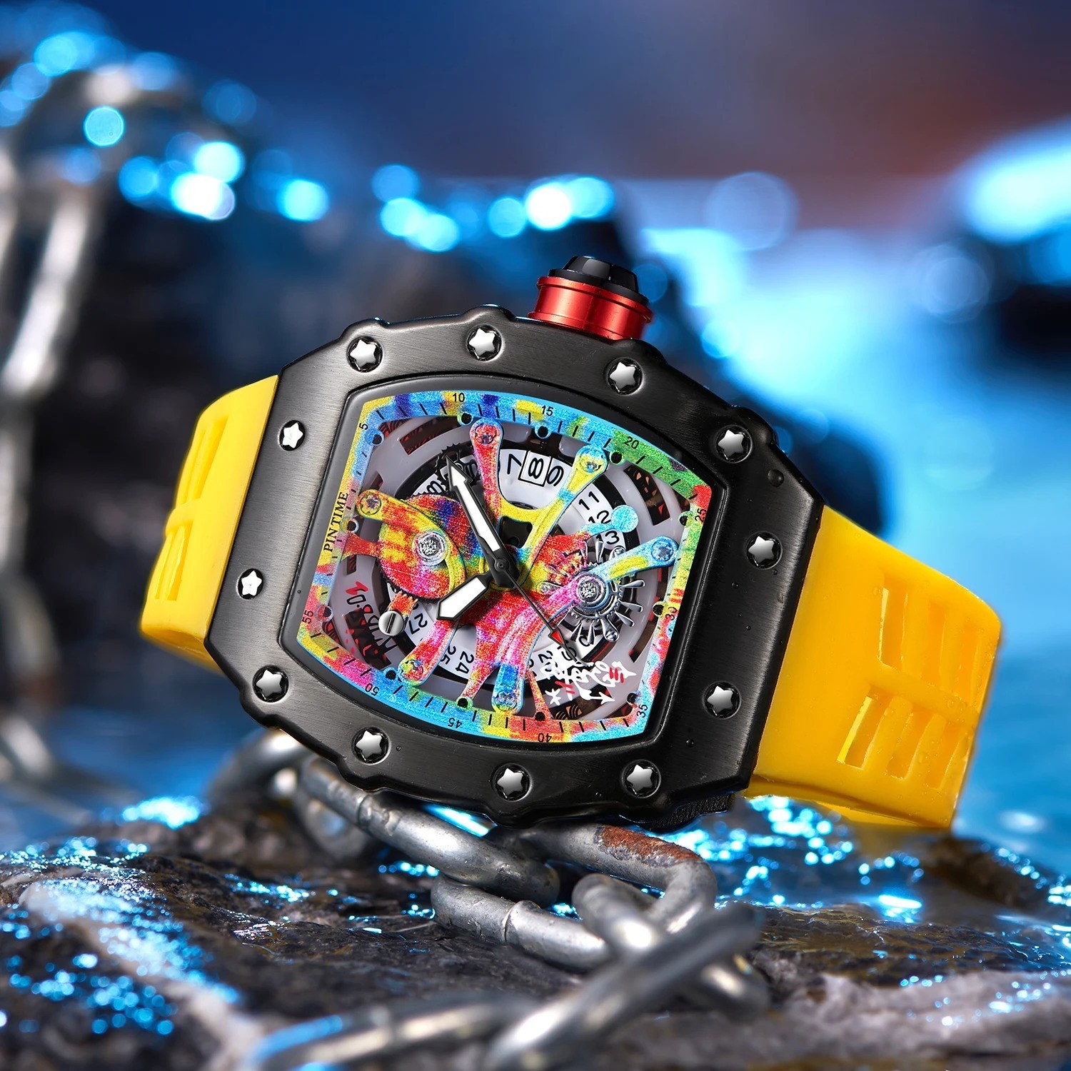 Luxury Watch Men Wrist Watches Tonneau Multifunction Graffiti Dial Auto Date Wat