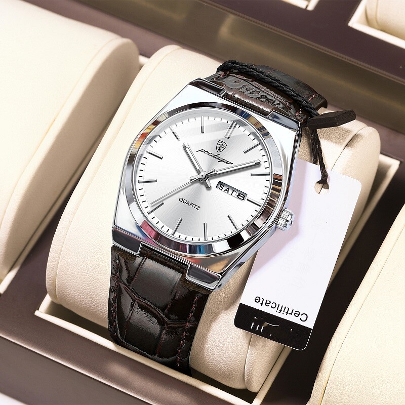POEDAGAR Fashion Analog Men Watch Waterproof Luminous Leather Quartz Wristwatch