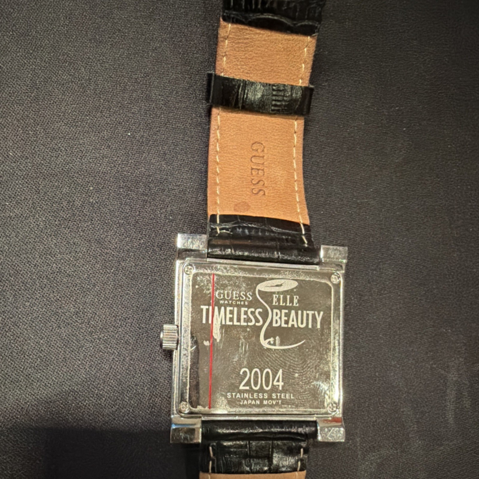 GUESS Timeless Beauty Women’s Quartz Square Silver Dial Black Leather Strap