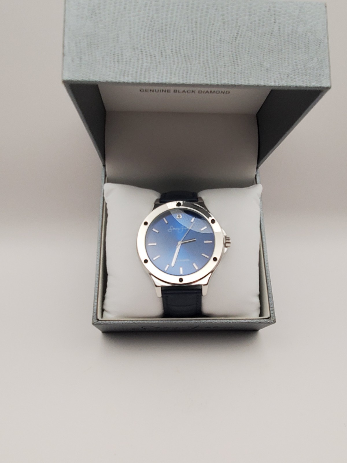 Sean John Mens Genuine Black Diamond Leather Strap Analog Dial Quartz Wristwatch
