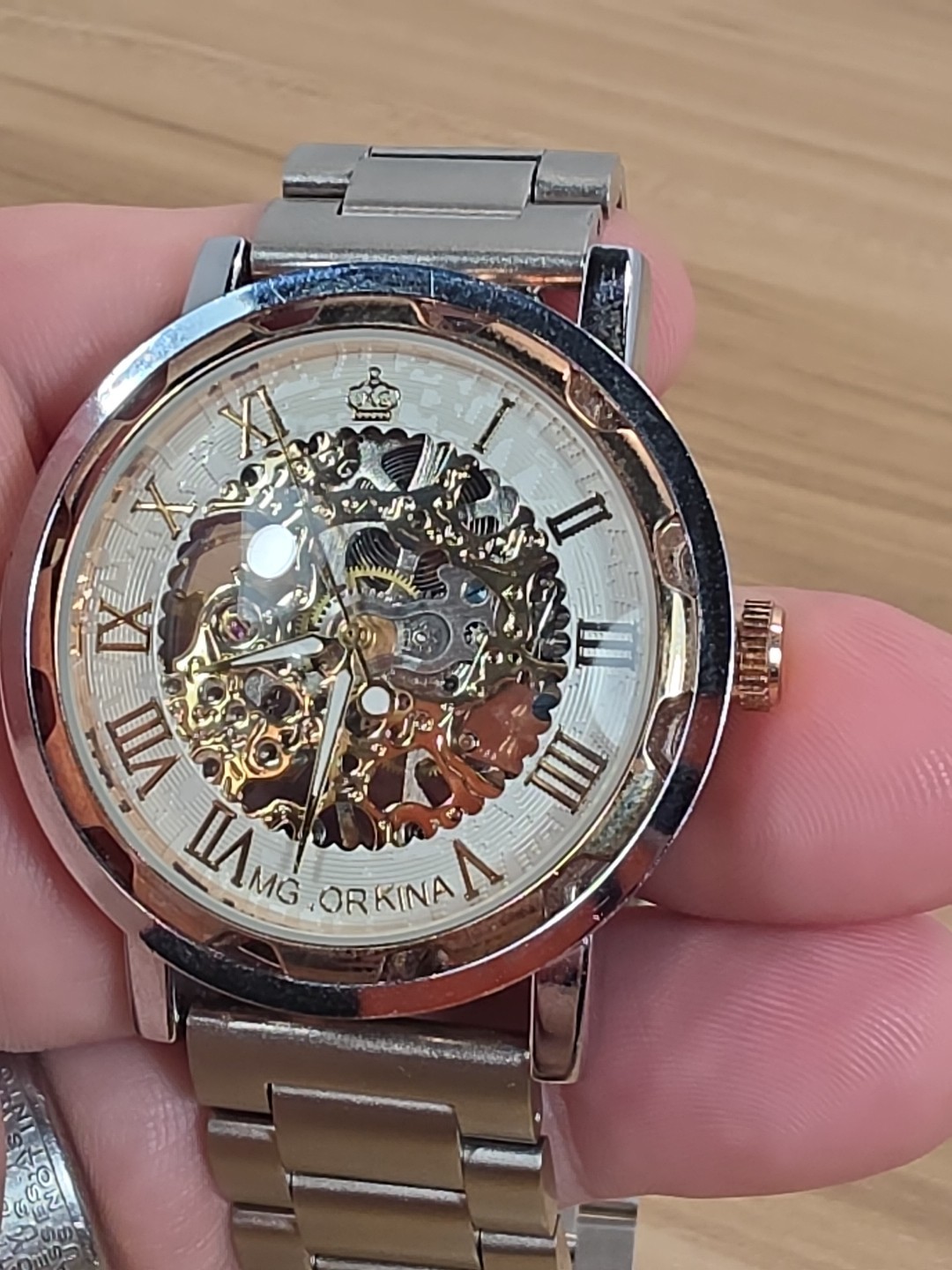 MG ORKINA AUTOMATIC SKELATON GOLD COLORED FACE WATCH WITH Silver BAND