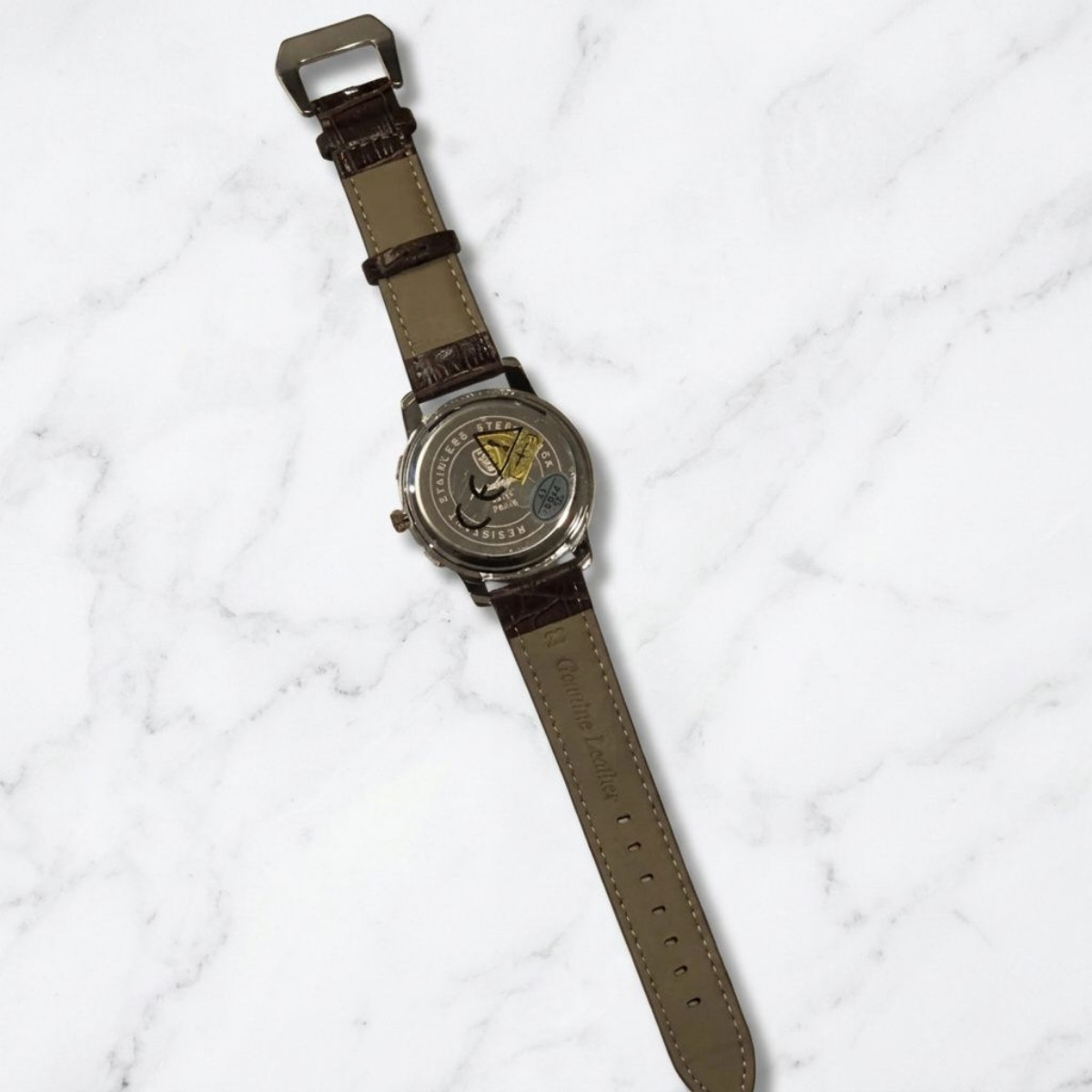 Men 42mm Quartz Black Dial Analog Gold Watch Date Brown Leather Strap Poedagar