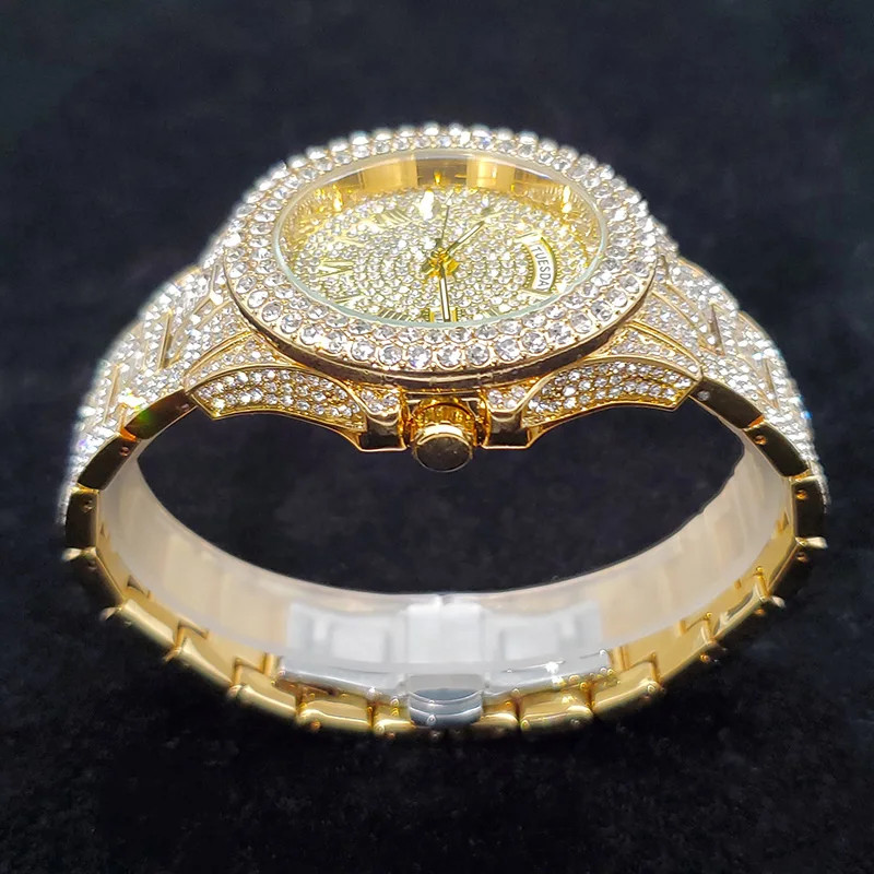 Luxury Iced Out Diamond Watch Men’s Bling Day Date Gold Steel Quartz Hip Hop