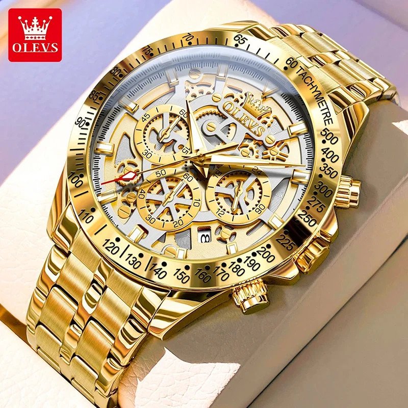 Luxury OLEVS Gold Skeleton Men’s Quartz Watch Stainless Steel Luminous