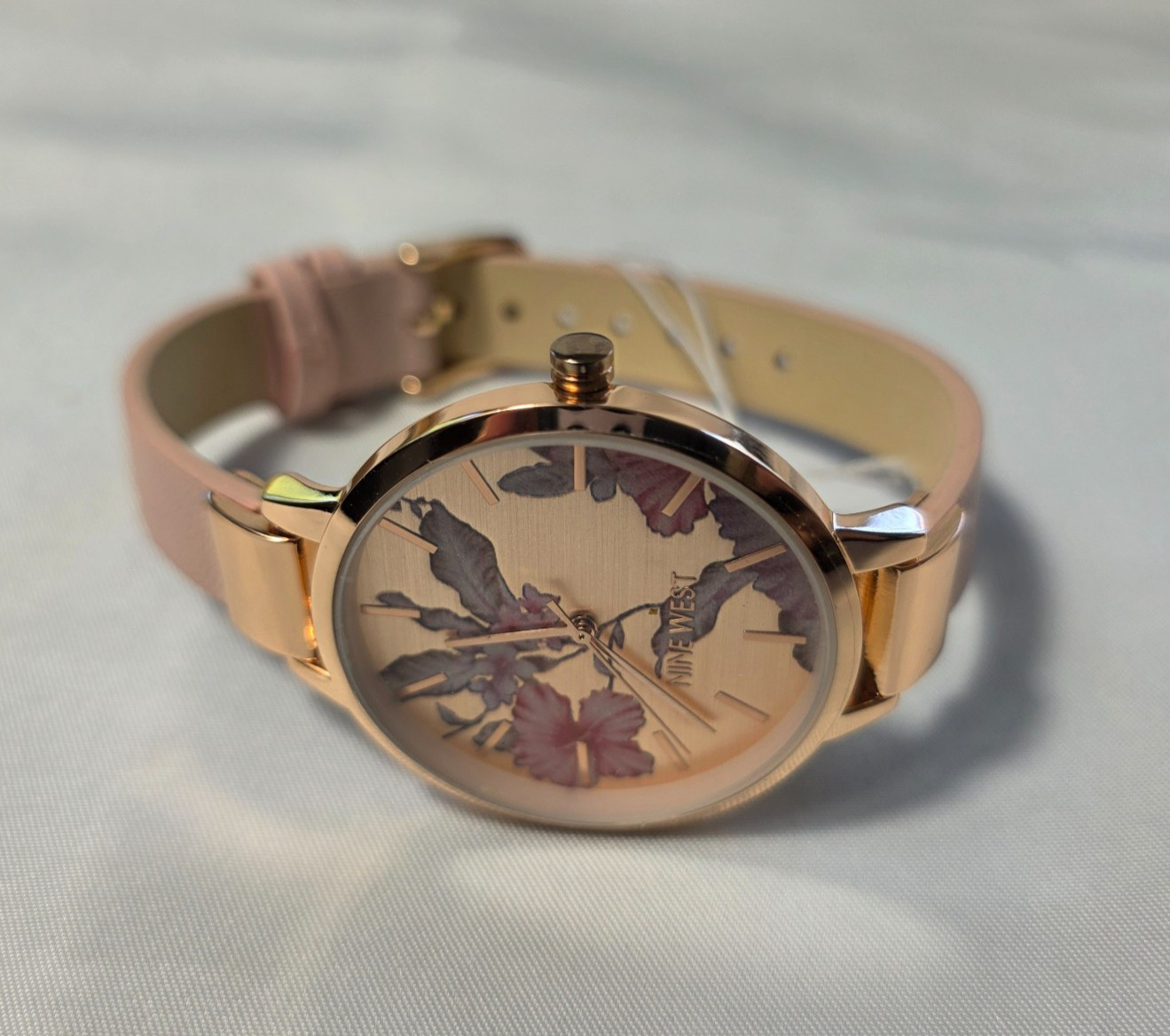 Women’s Nine West Rose Gold-Tone Watch Blush Pink Strap Floral Dial NEW