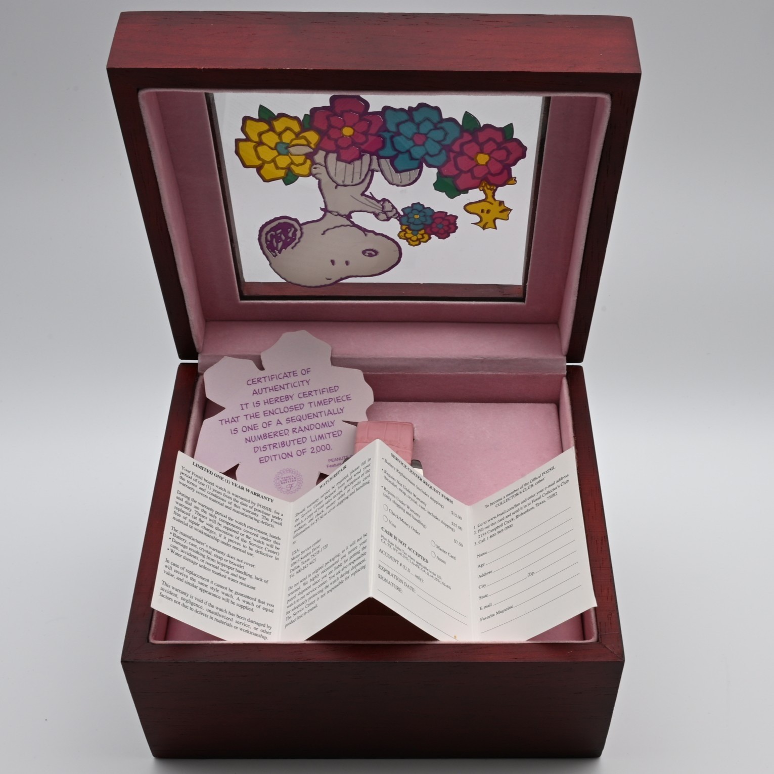 Rare Fossil Limited Edition Snoopy Watch Pink Leather Peanuts Box 416/2000