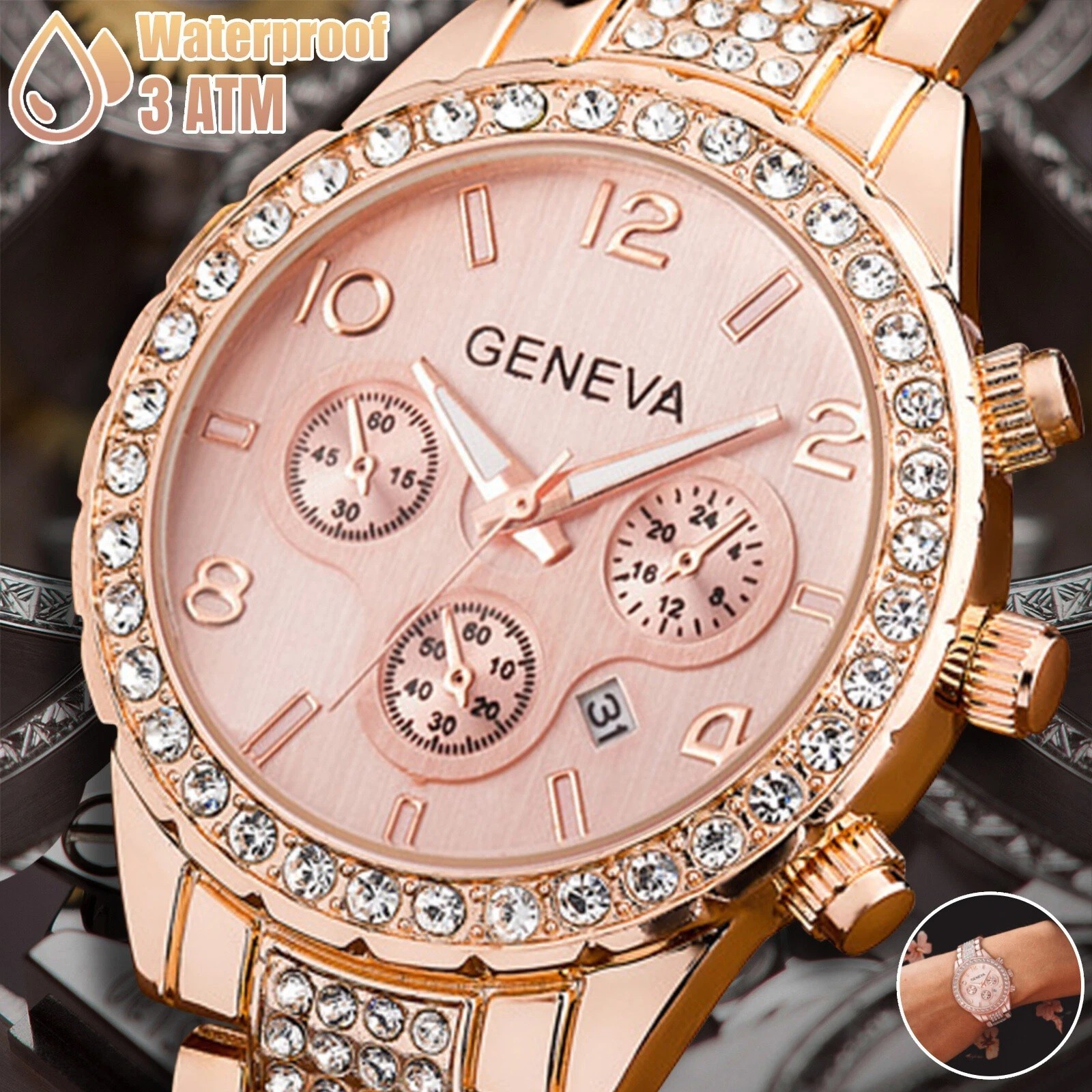 Reloj cuarzo para mujer,oro rosa,impermeable,clásico,acero inoxidable,cristal.