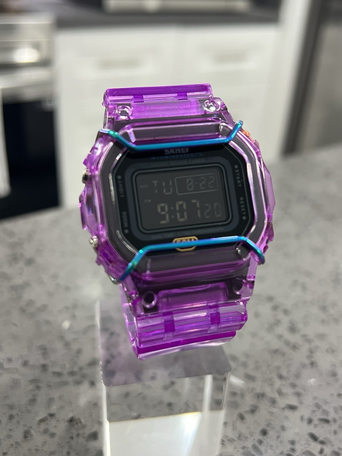 Gshock DW5600 Mod Custom Skmei Watch Clear Purple Black Dial / Travel Case