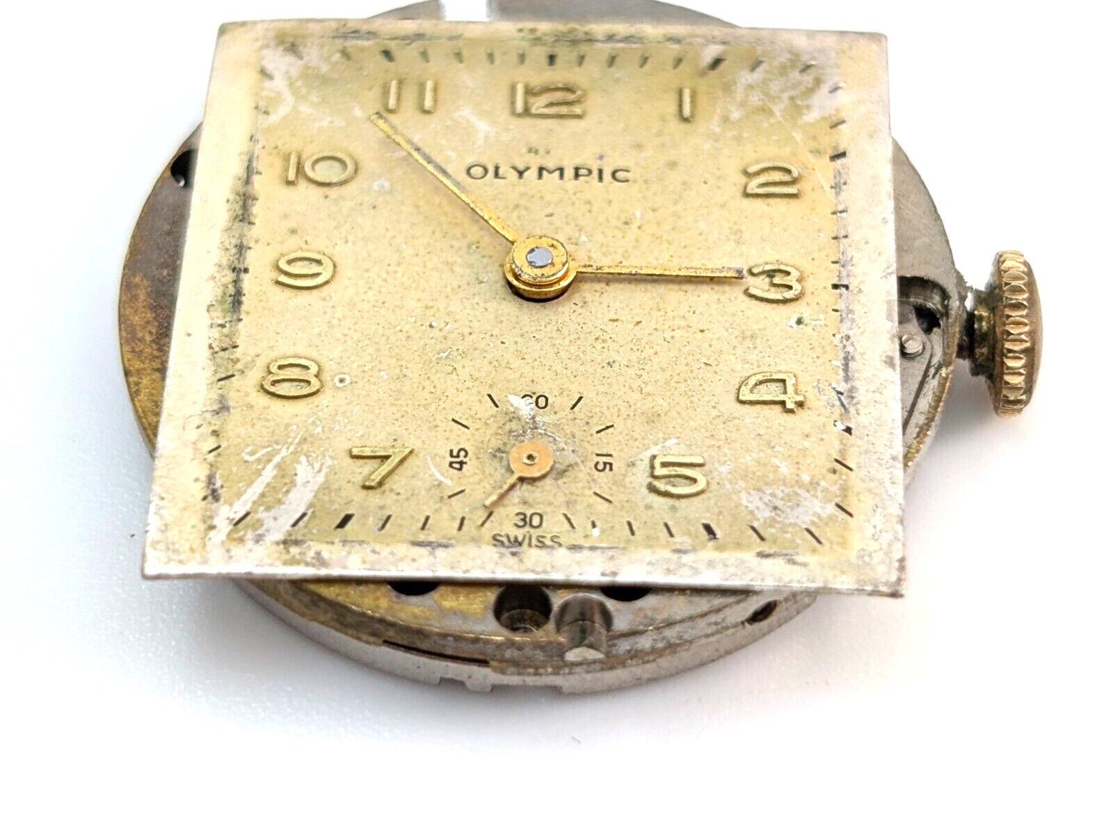 Vintage OLYMPIC Gsell & Co 7j 28mm Swiss Watch Movement & Rear Case PARTS REPAIR