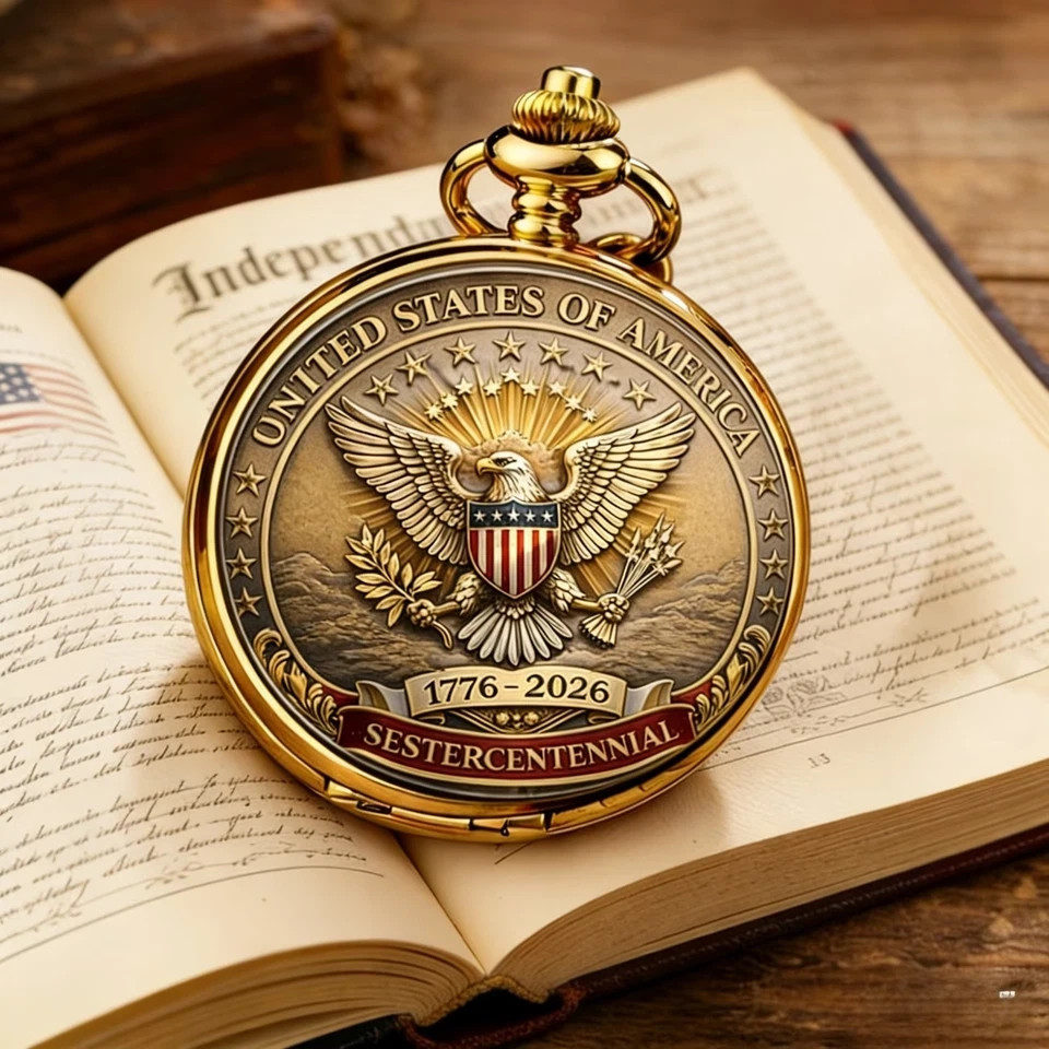 American 250th Anniversary Pocket Watch Bald Eagle Liberty Bell Statue Liberty