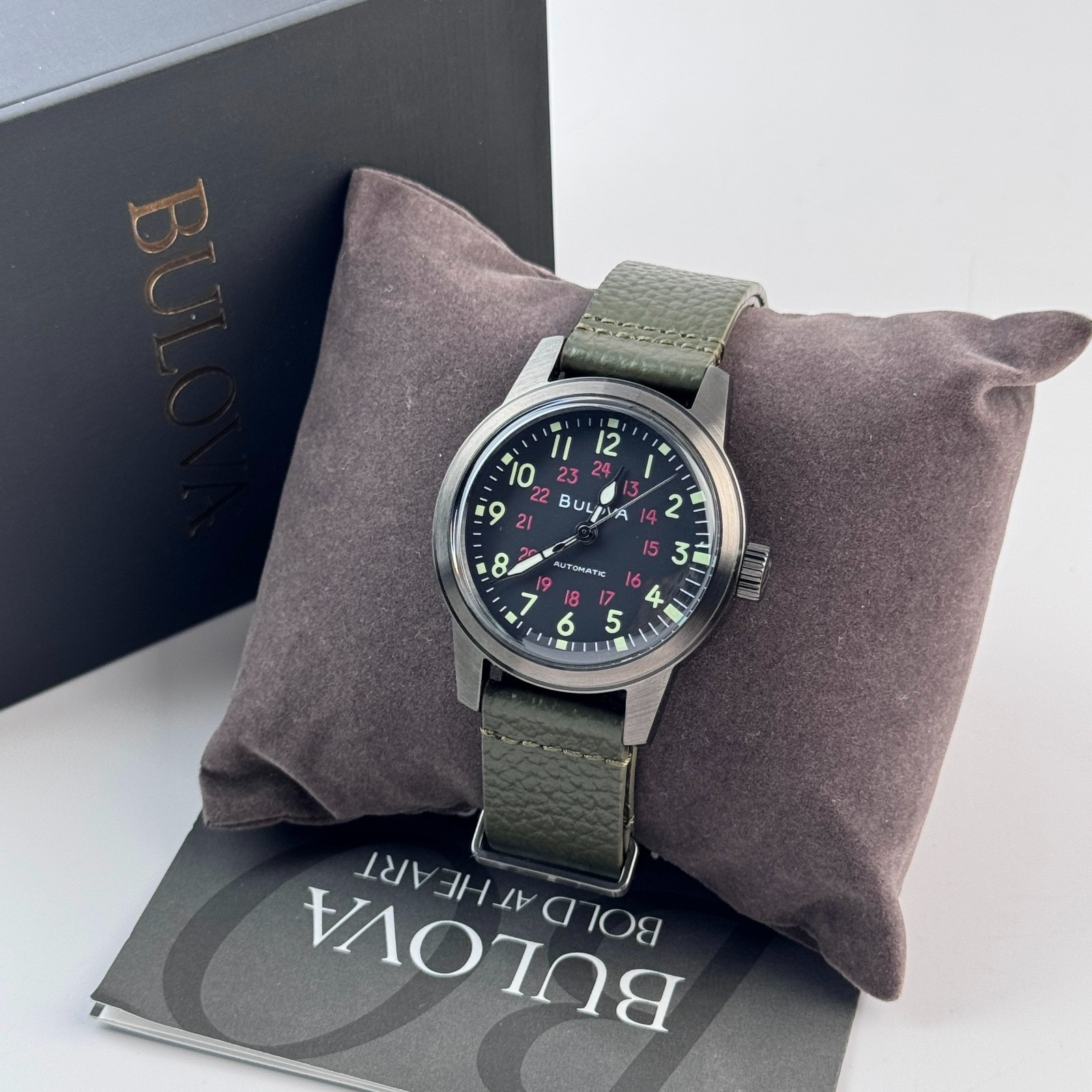 Bulova Men’s Military Hack Automatic Black Dial Green Leather Strap Watch 98A255
