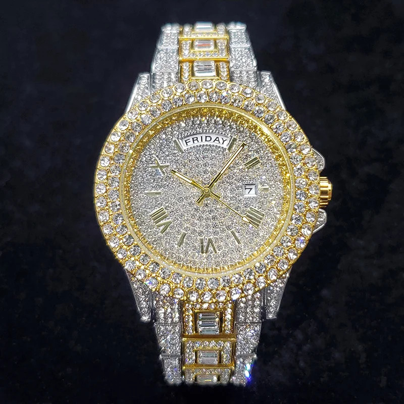 Luxury Iced Out Diamond Watch Men’s Bling Day Date Gold Steel Quartz Hip Hop