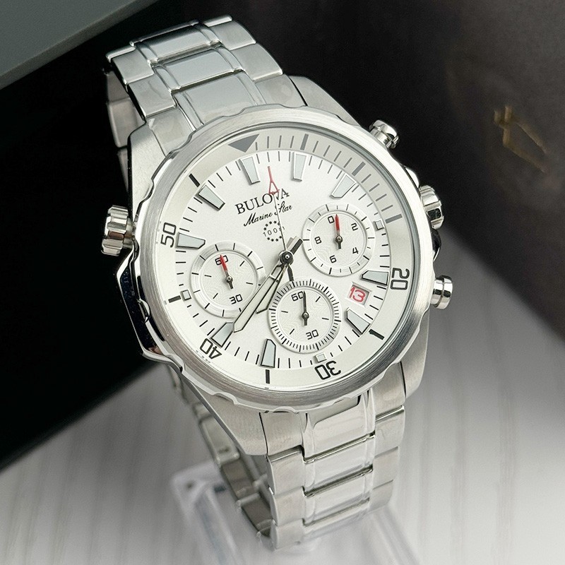 Bulova Marine Star 96B255 White Dial Chronograph Men’s Quartz Watch 43mm
