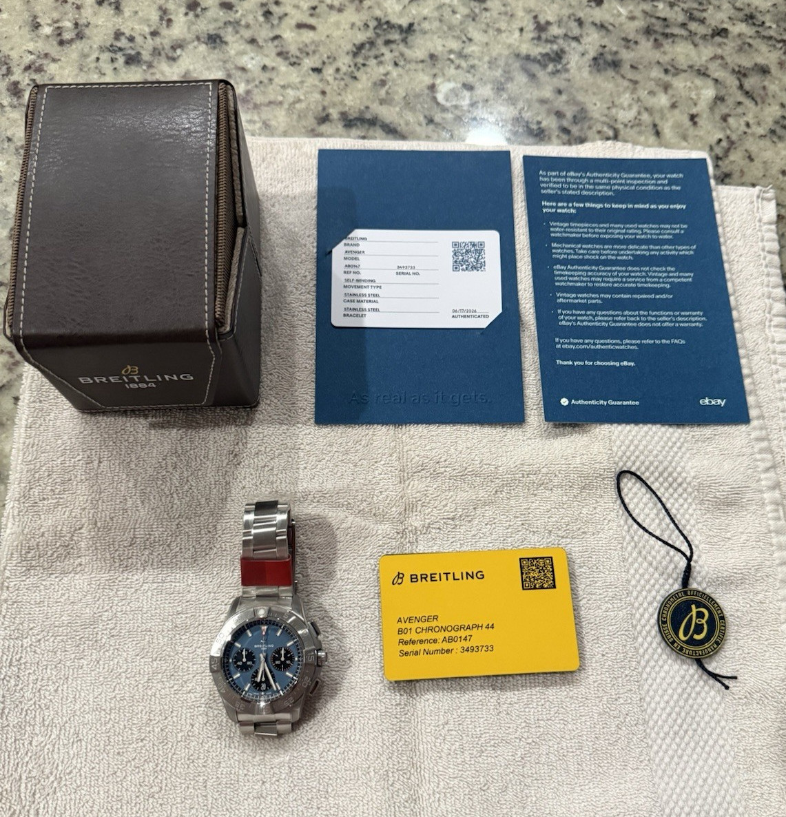 Breitling Avenger B01 Chronograph 44 Blue Dial Auto SS Bracelet Box Papers