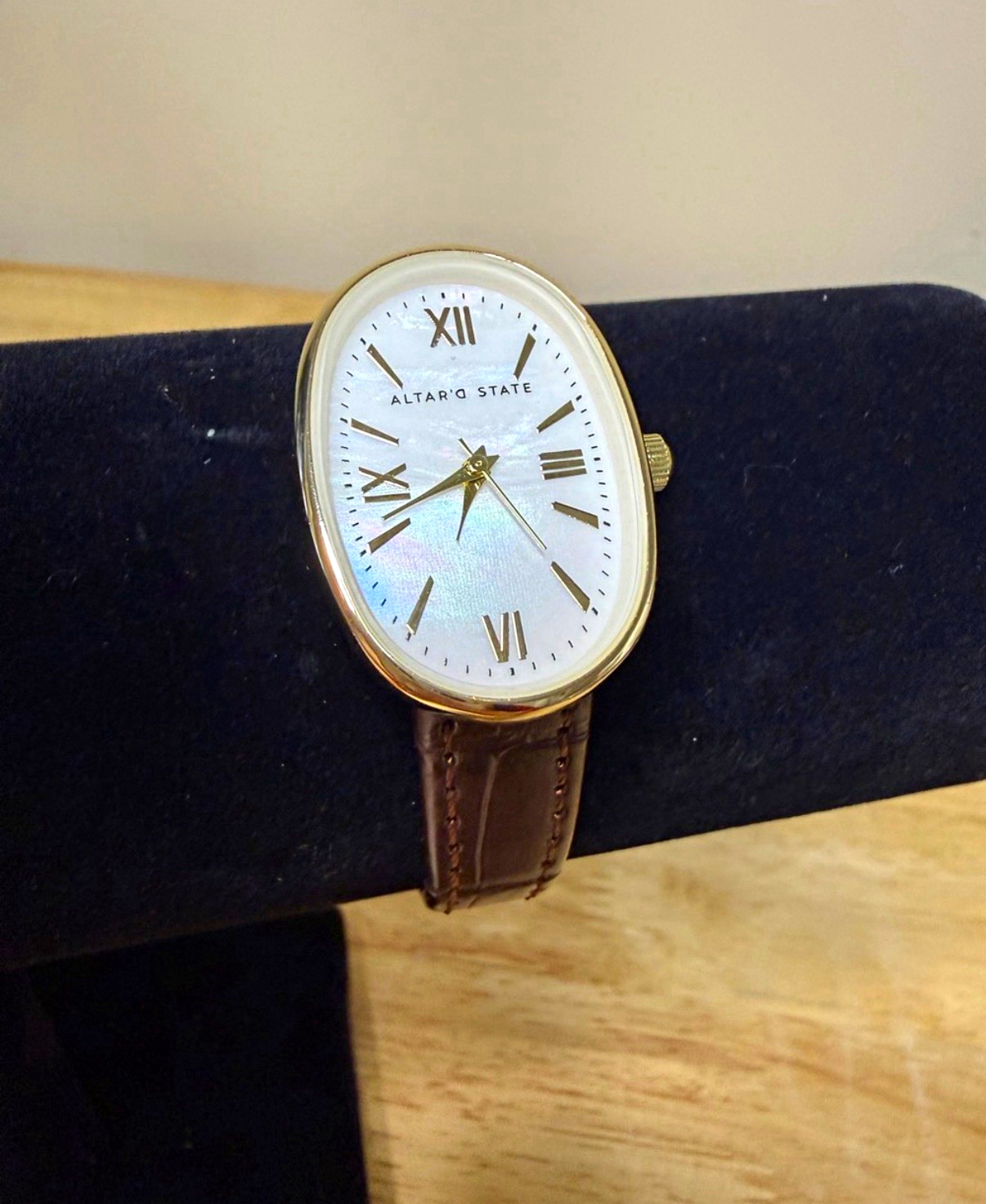 Altar’d State Quartz Oval Gold Tone White Roman Dial Brown Leather Watch