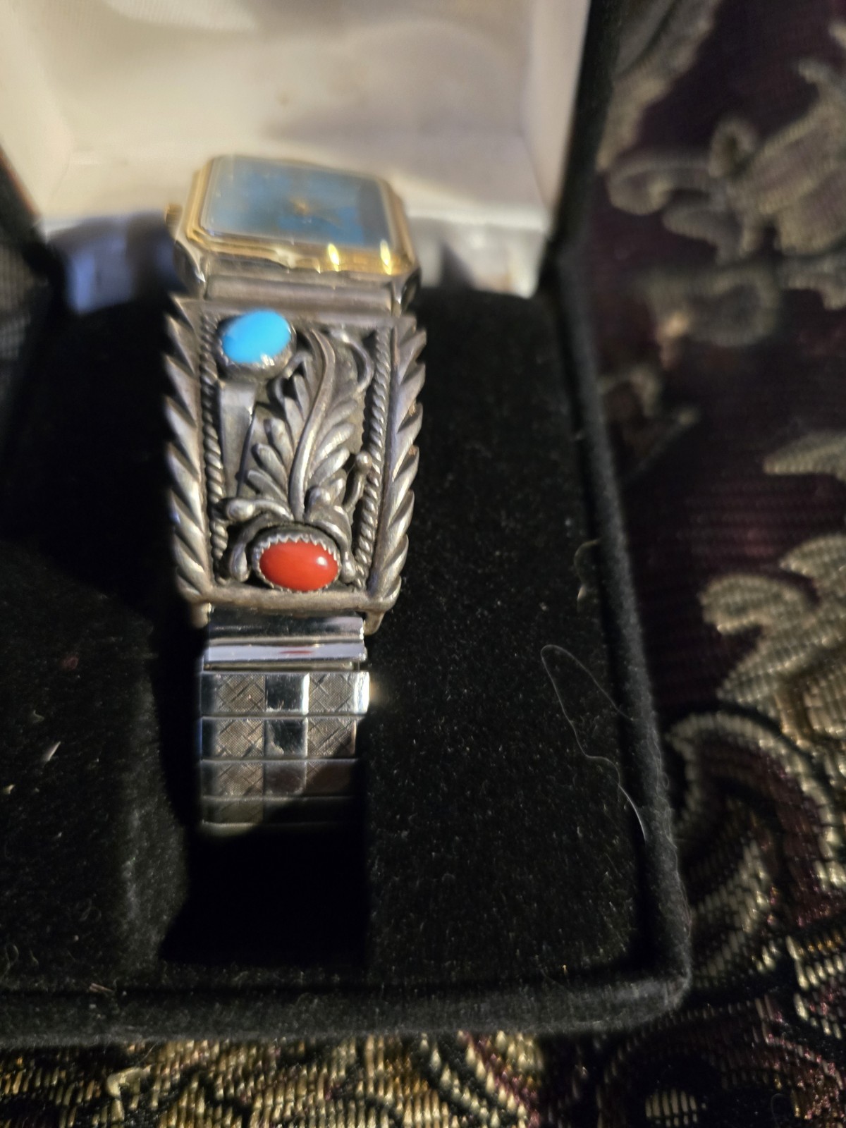 Navajo Native Skywat Co. Ladies Sterling Silver Tuquoise And Coral Watch.