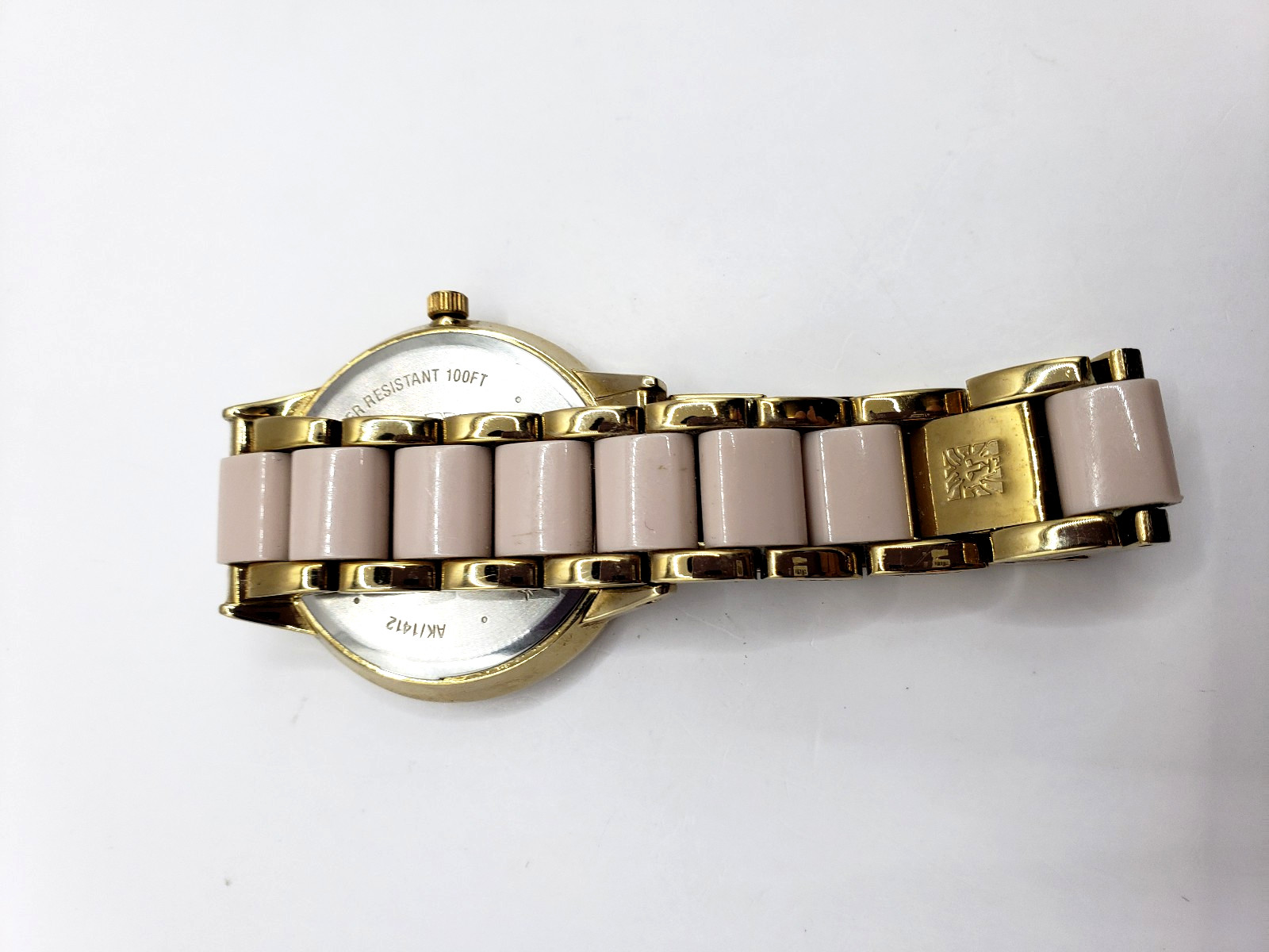 Anne Klein Womens Watch 37mm Gold Tone Pink Ceramic AK/1412 New Battery