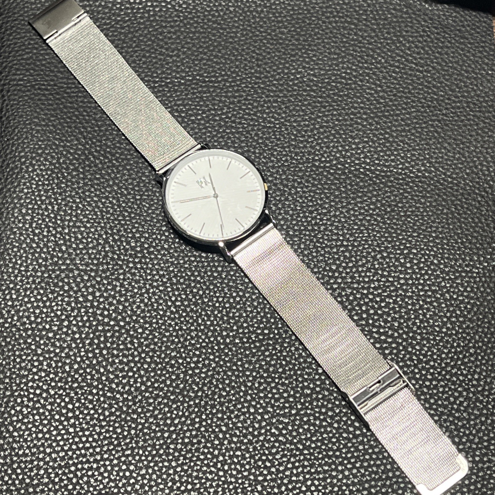 PX Premium Xpression White Dial Watch, Metal Mesh Band Stainless New Battery Box