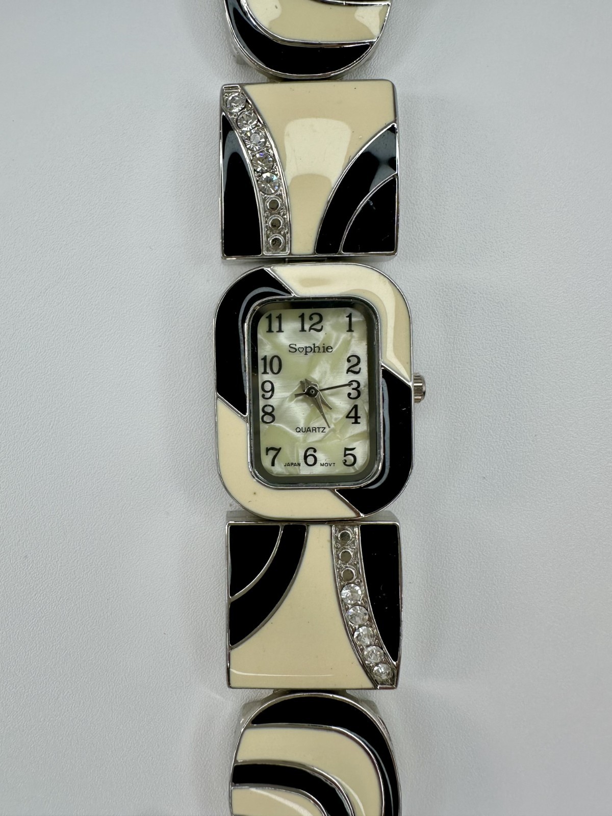 Sophie Watch Silver Tone Black White Enamel Vintage