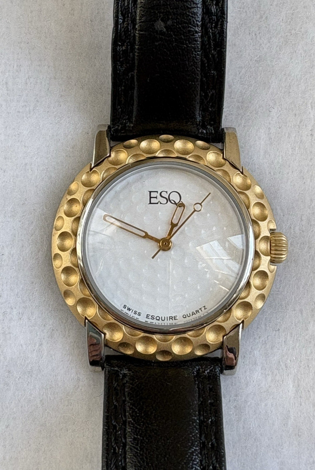 Vintage ESQ By Movado Gold Tone Leather Band Watch New Battery EUC