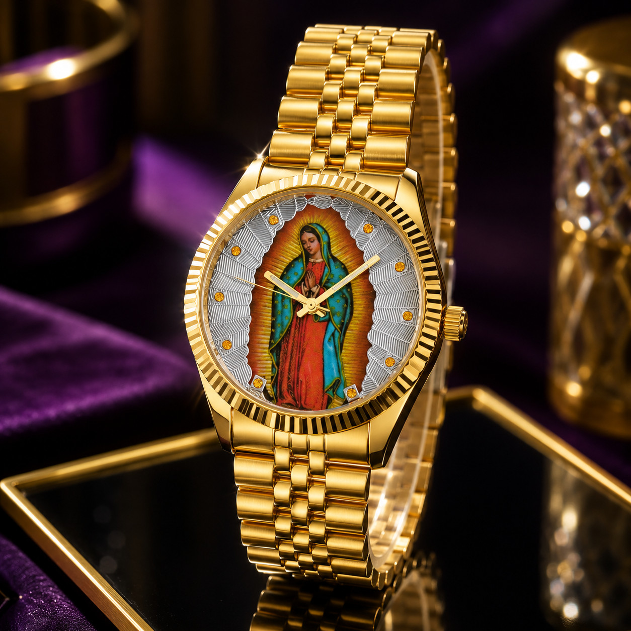 Mens Virgin Mary Guadalupe Stainless Steel Watch Water Resistant Gold Faith