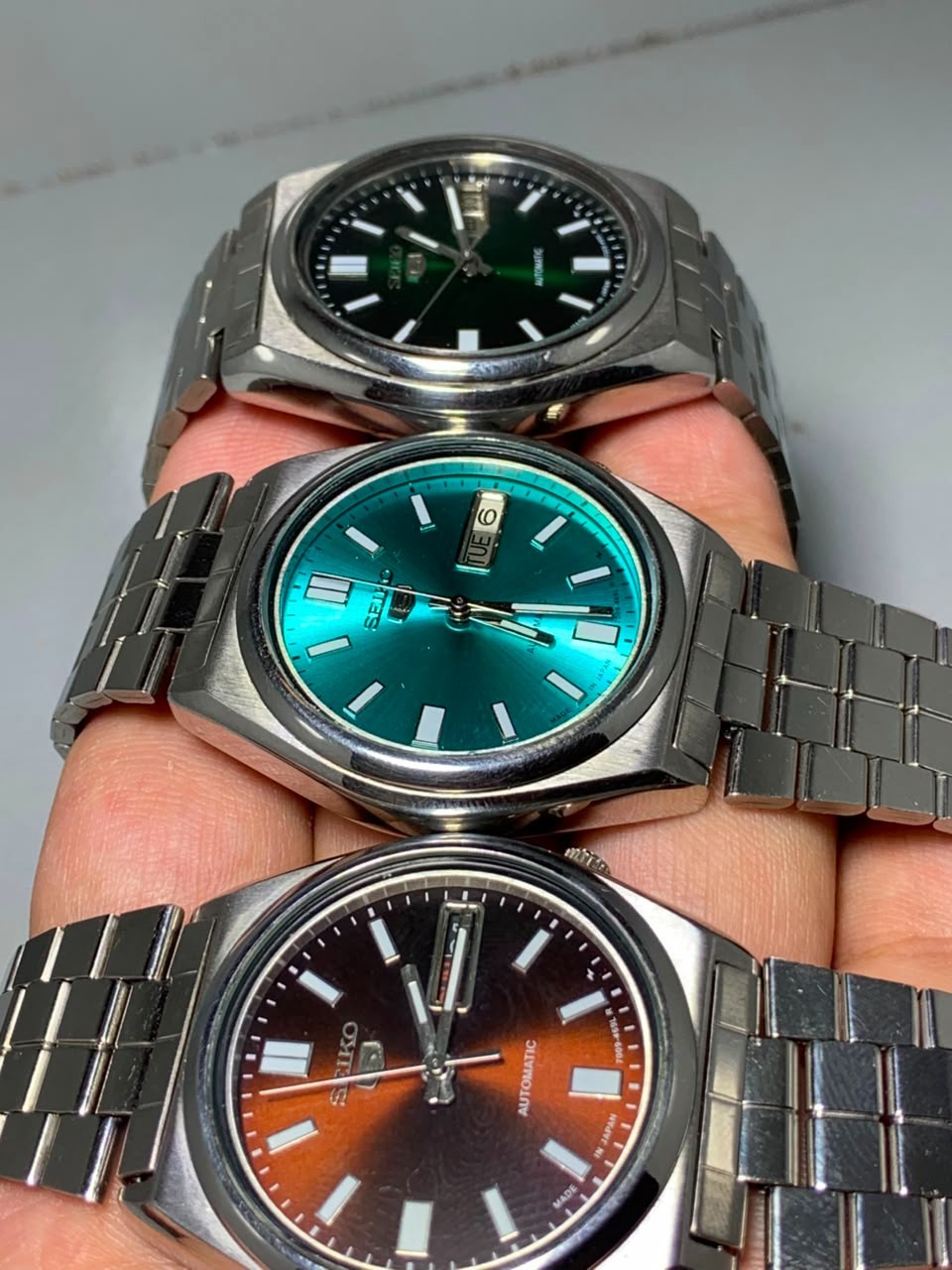 Vintage Seiko 5 Automatic Lot of 3 Tiffany Blue Maroon Green Dial Watches
