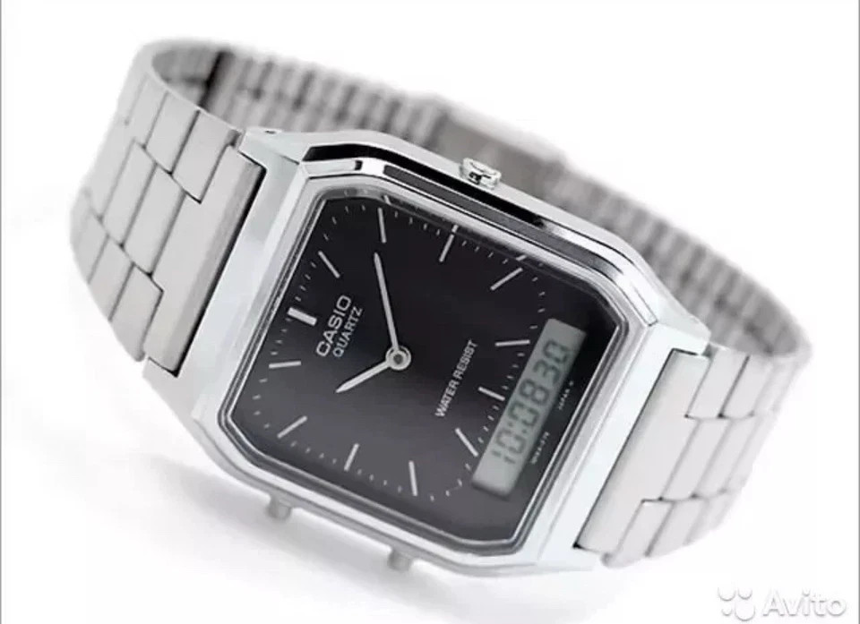 Casio AQ-230A Dual Time Silver Retro Stainless Steel Analog Digital Watch 38.8mm