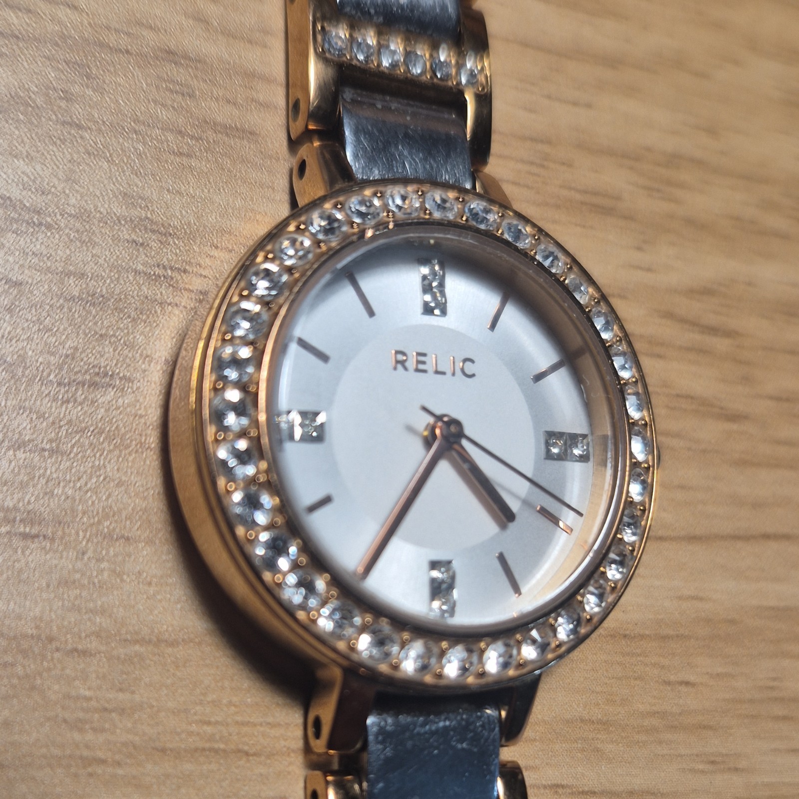 Relic Women’s Quartz Analog Two-Tone Bracelet Watch White Dial 26mm Gem Bezel