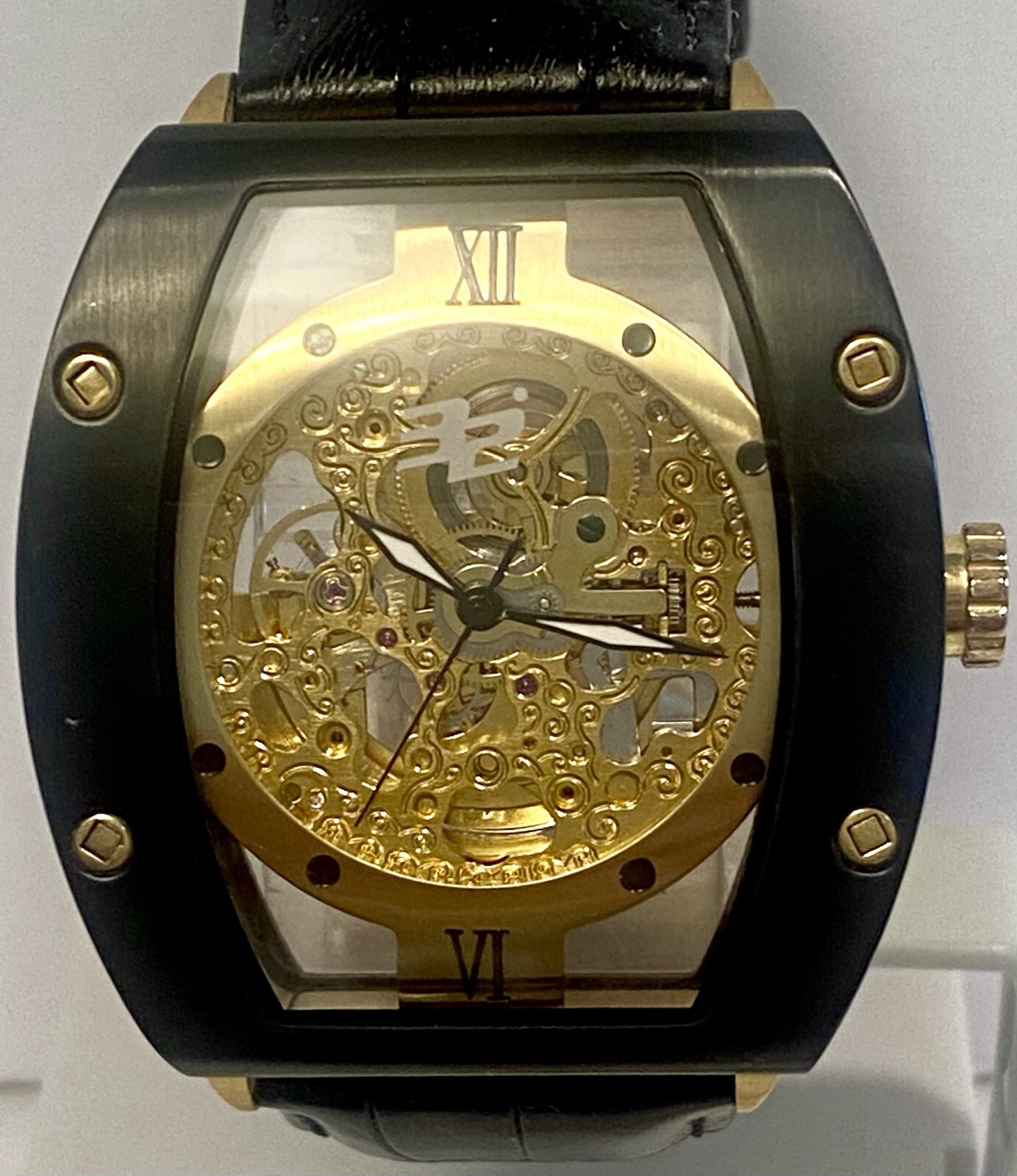 Auto W44mm Black Tonneau | Floating Goldtone Skeleton Dial 32 DEGREES Mens Watch