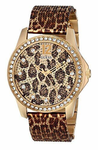 GUESS Women’s Animal Print Mesh Gold Tone Stainless Steel Watch U0333L1