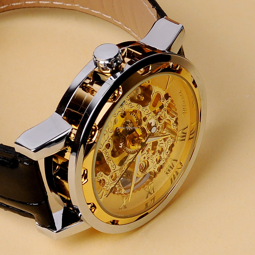 Luxury Men’s Skeleton Leather Steampunk Mechanical Wrist Watch Gold