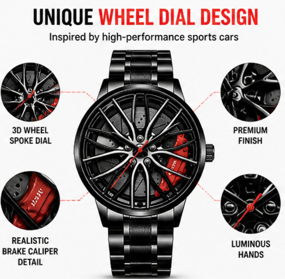 Men’s Sports Car Wheel Design Watch – Stainless Steel Analog Quartz Wrist Watch
