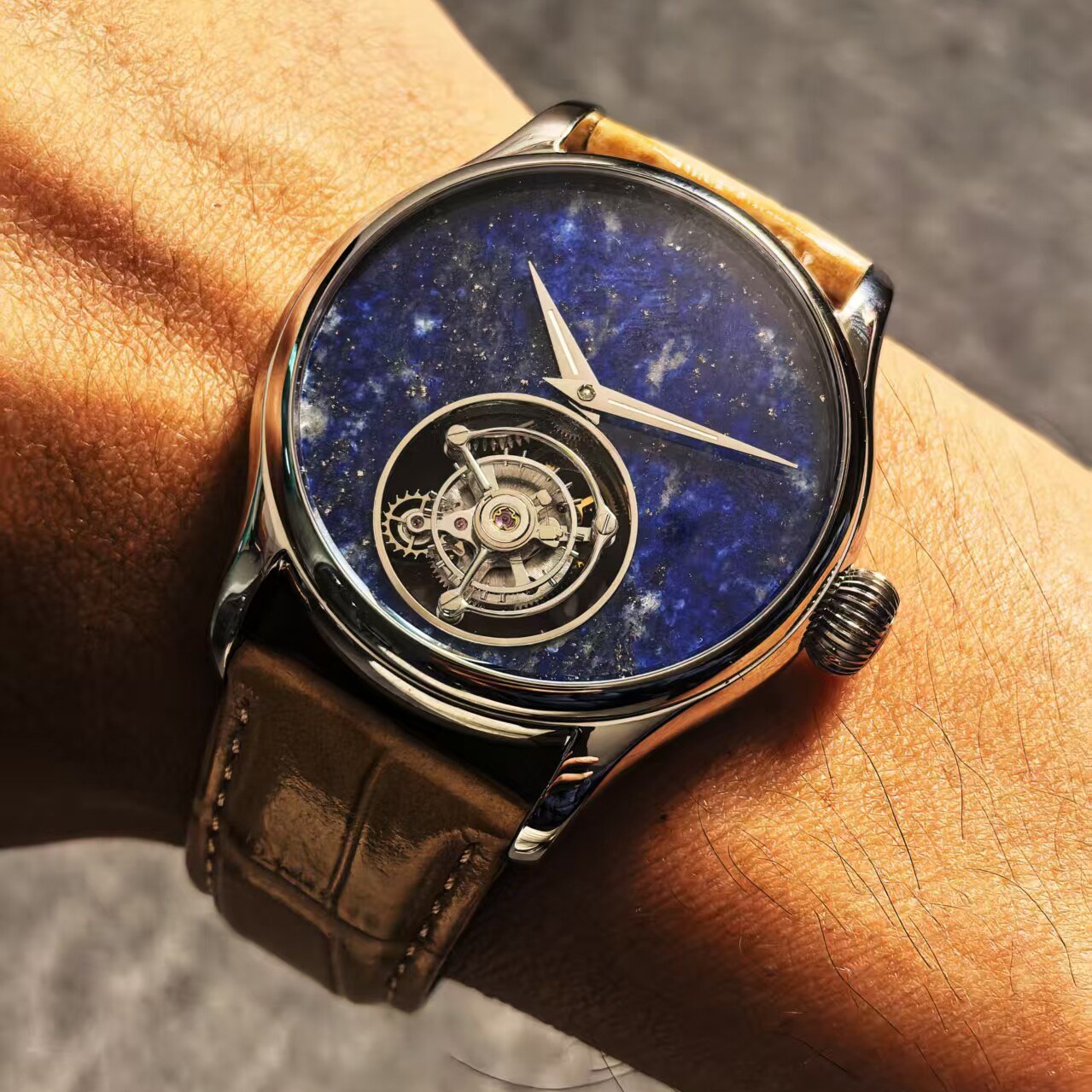 Merkur Men Tourbillon Watch Mechanical Wristwatch Blue Sanding Dial Sapphire