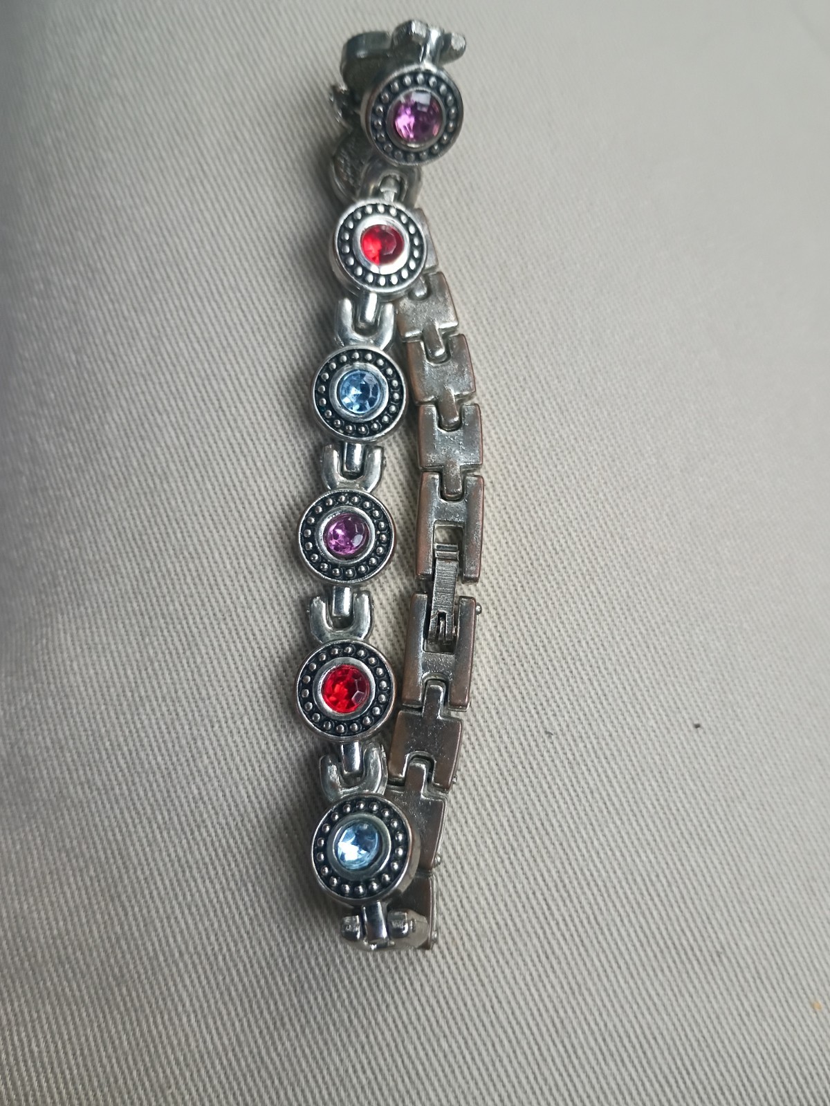 Silver Tone Bracelet, Watch & Necklace Set – Red, Blue & Purple Rhinestones