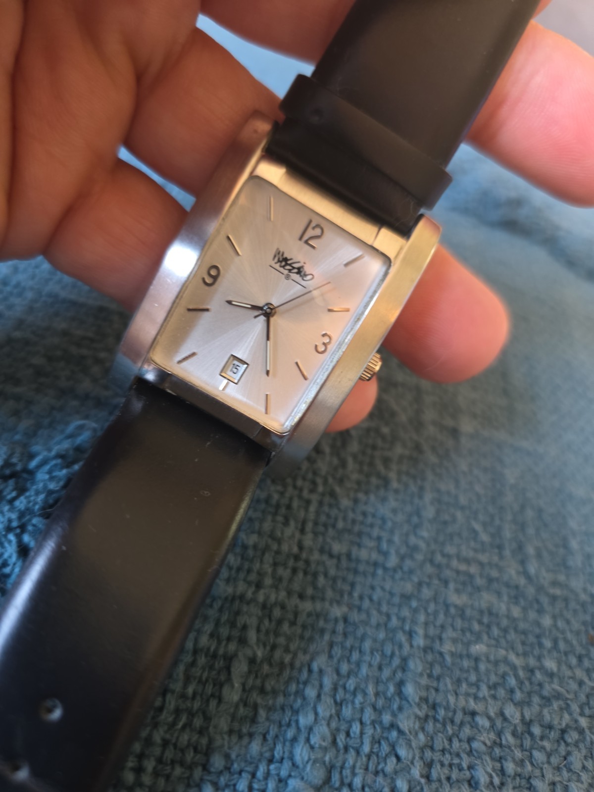 Mossimo Watch Men’s Black Leather Adjustable Band Silver Face Rectangle