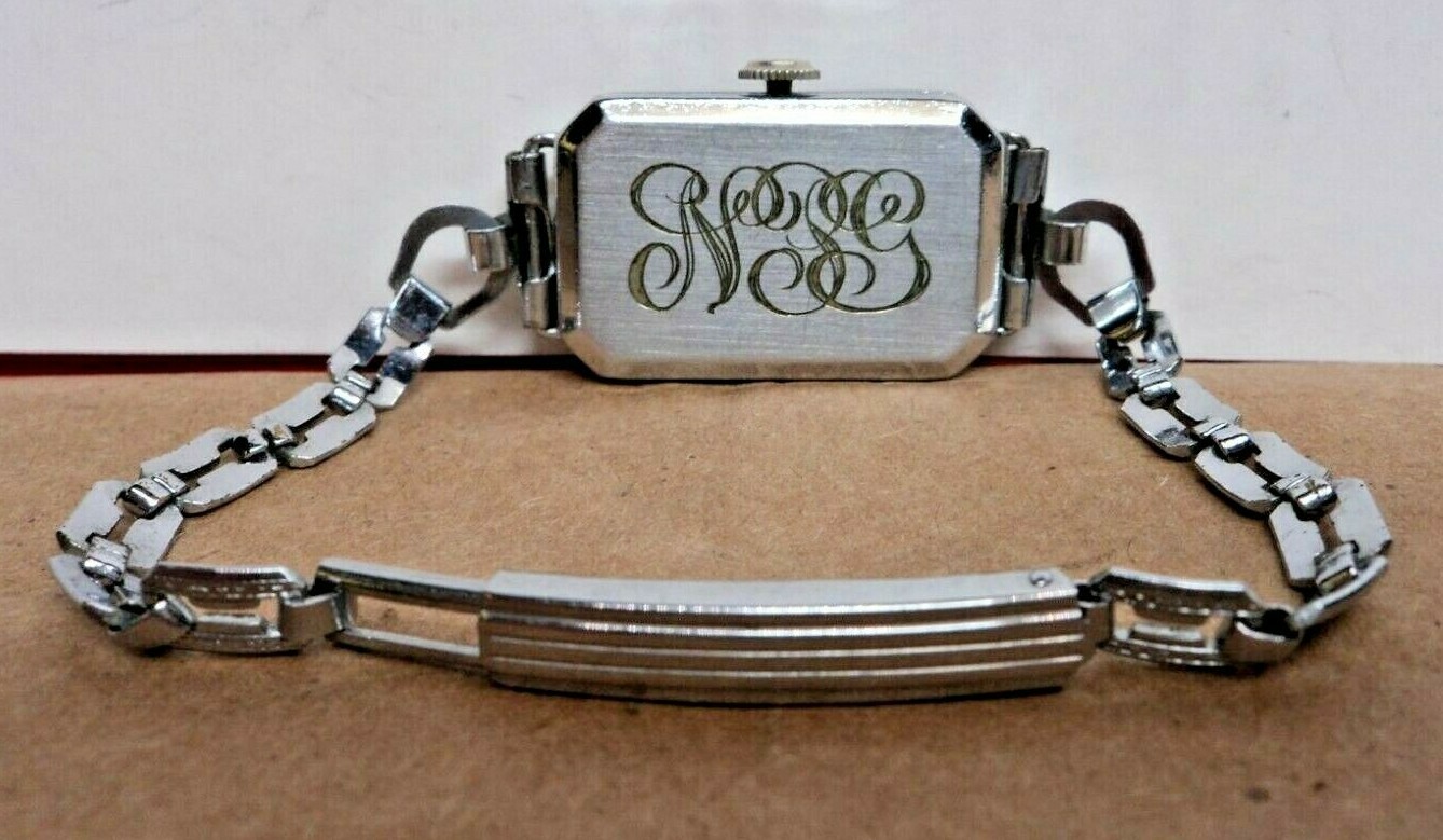1920s BRUNVIL 15J 3Adj. Swiss Engraved White Gold Fill Art Nouveau Womens Watch
