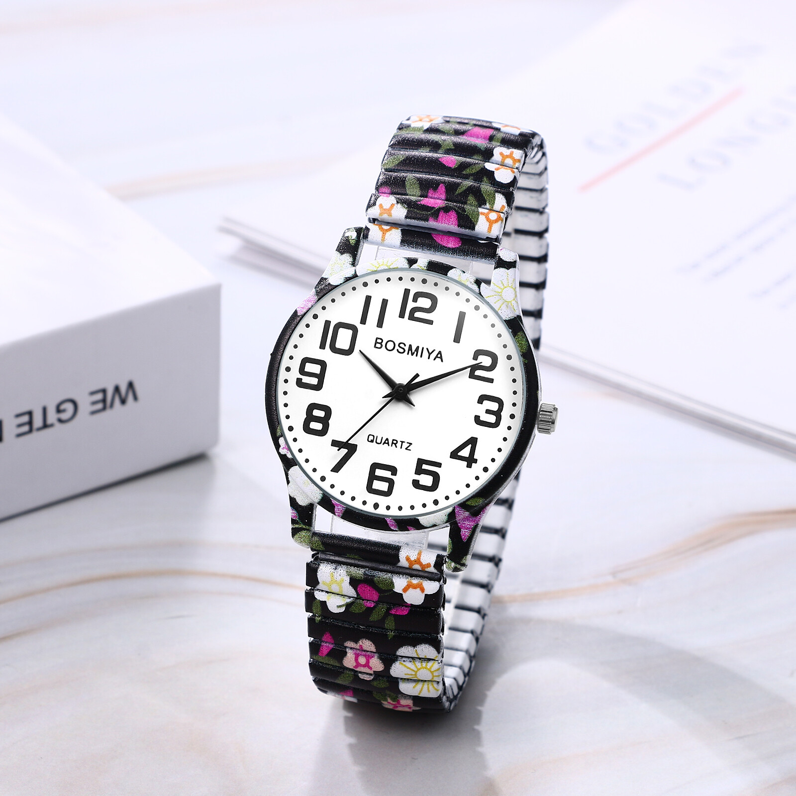 Womens Girls Boho Printed Elastic Band Big Numbers Round Dial Analog Wrist Watch