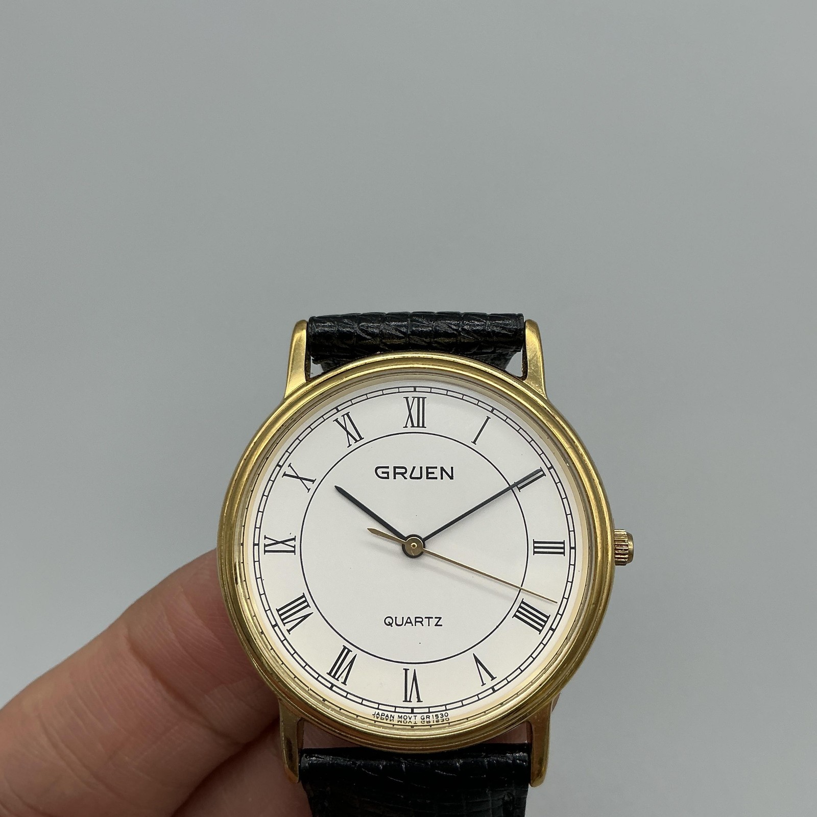 Gruen Mens Watch 32mm White Roman Dial Black Leather 243-GR1530 New Battery