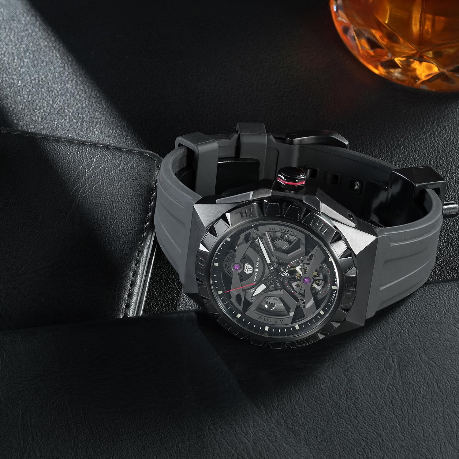 Luxury Men’s Automatic Skeleton Watch 100M Waterproof Octagon Dial FKM Strap