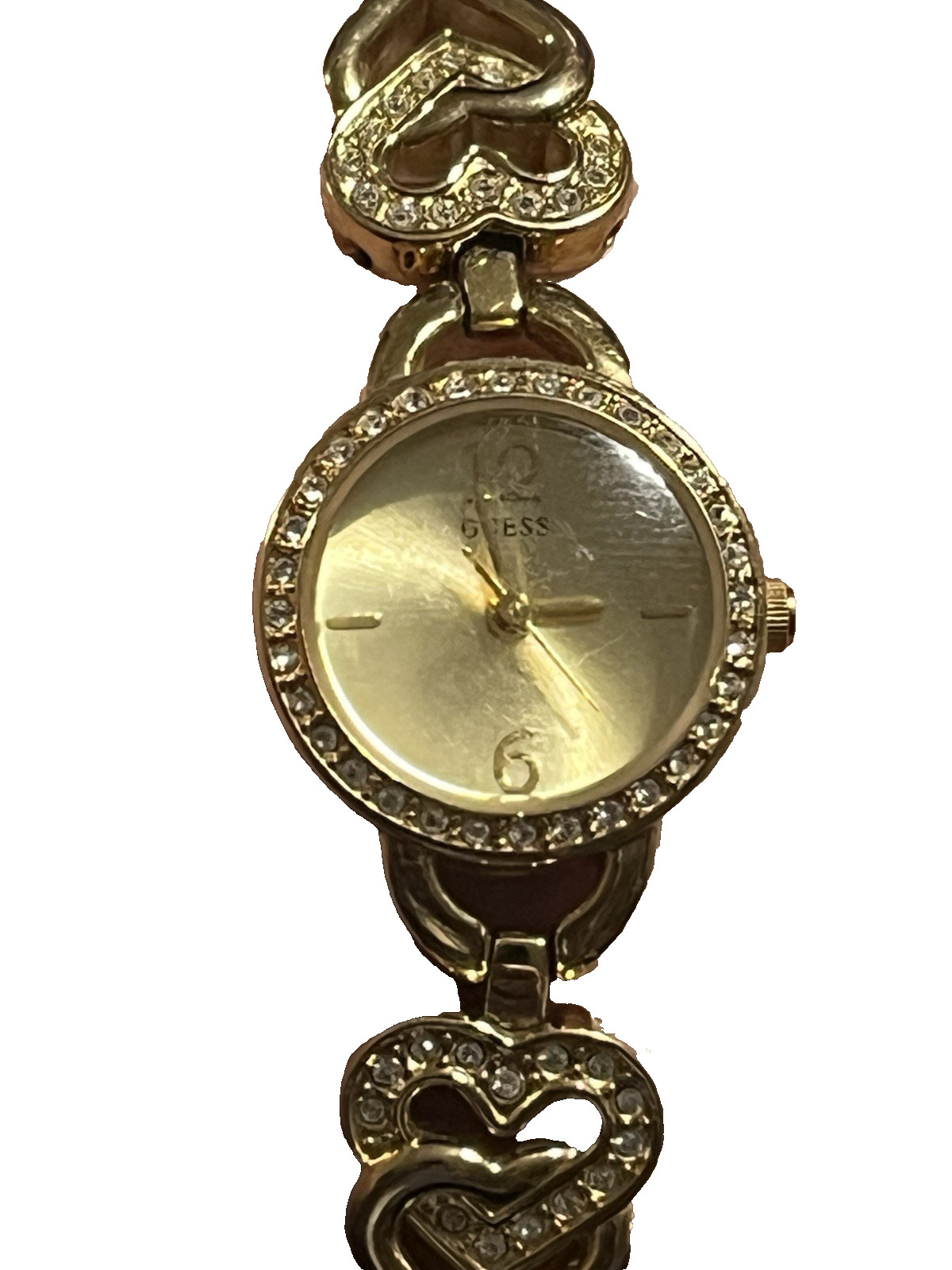 Guess Women’s Analog Watch Gold Tone Bracelet Band Clear Rhinestones Hearts