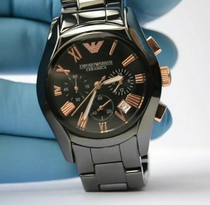 NEW GENUINE EMPORIO ARMANI AR1410 CERAMIC BLACK AND ROSE GOLD MENS WATCH UK