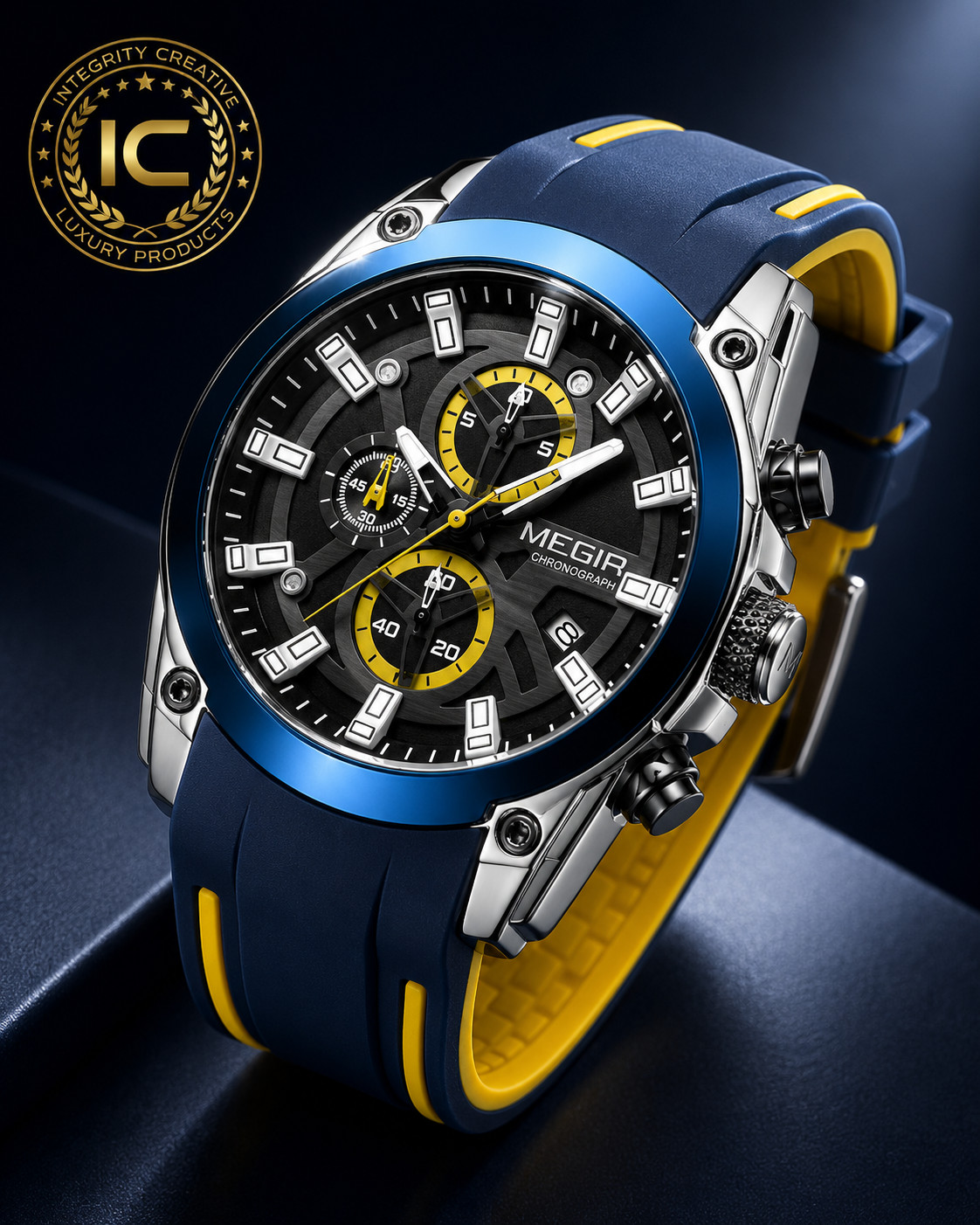 Men’s Sport Watch Waterproof Blue Yellow Silicone Strap Luminous Black Dial