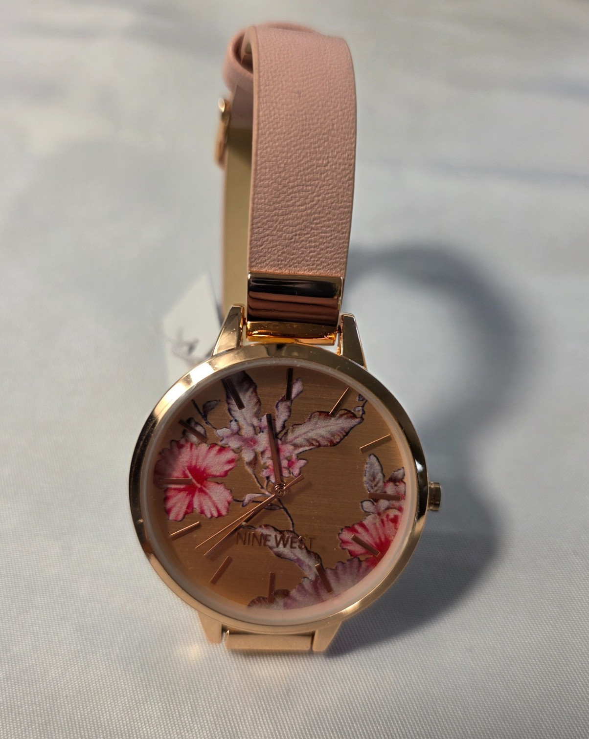 Women’s Nine West Rose Gold-Tone Watch Blush Pink Strap Floral Dial NEW