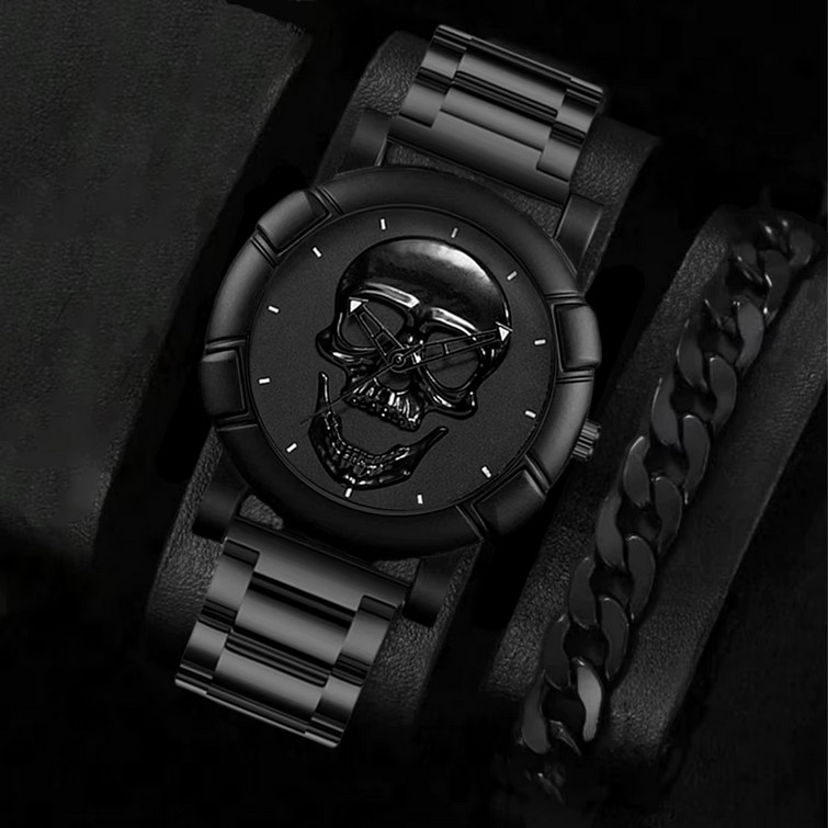 Men’s Quartz Skull Design Stainless Steel Band Watch (8.7″) + Bracelet (9.5″)