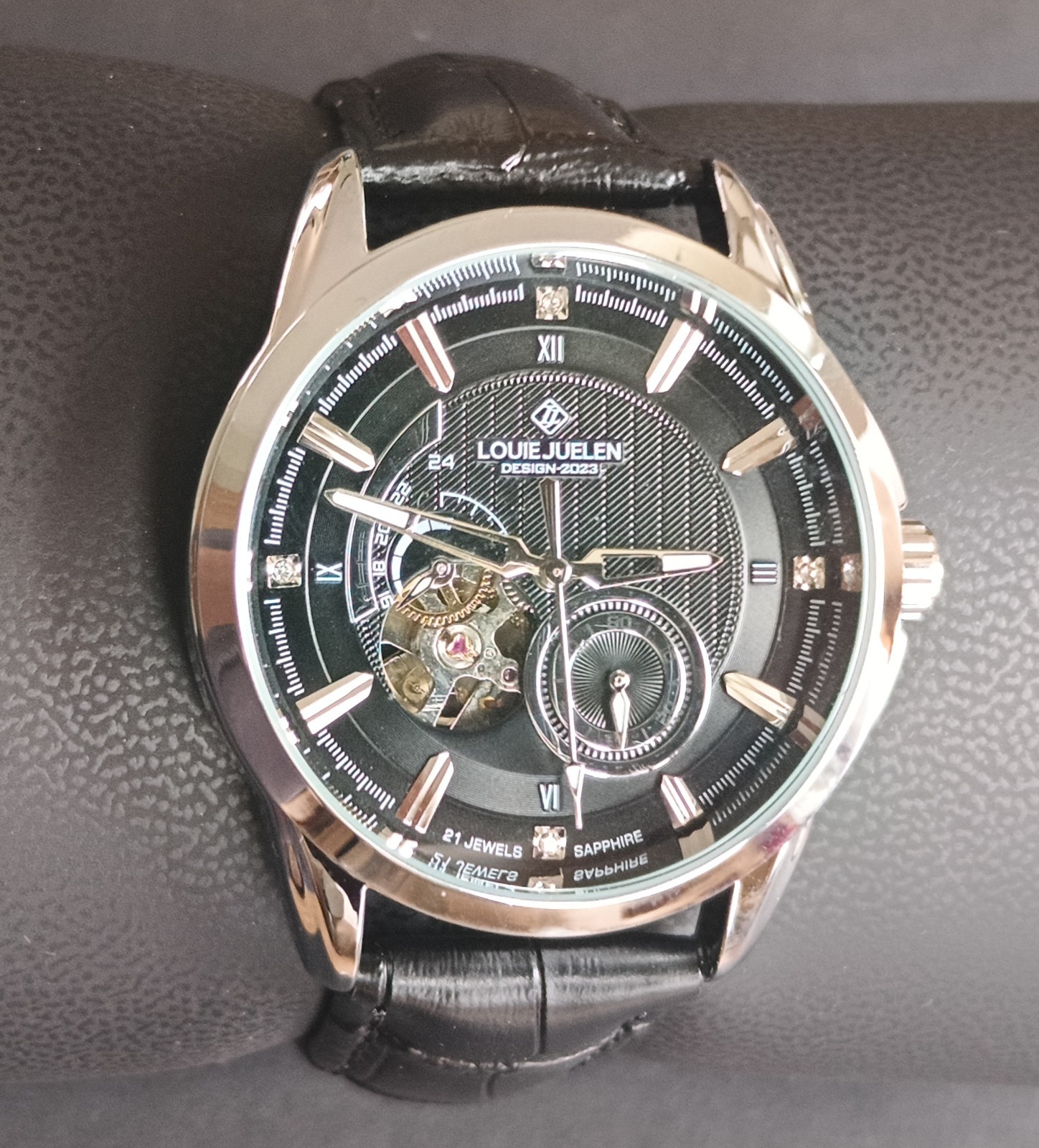 Luxury Automatic Men’s Watch Open Heart Skeleton Black Dial Sapphire Leather 47m